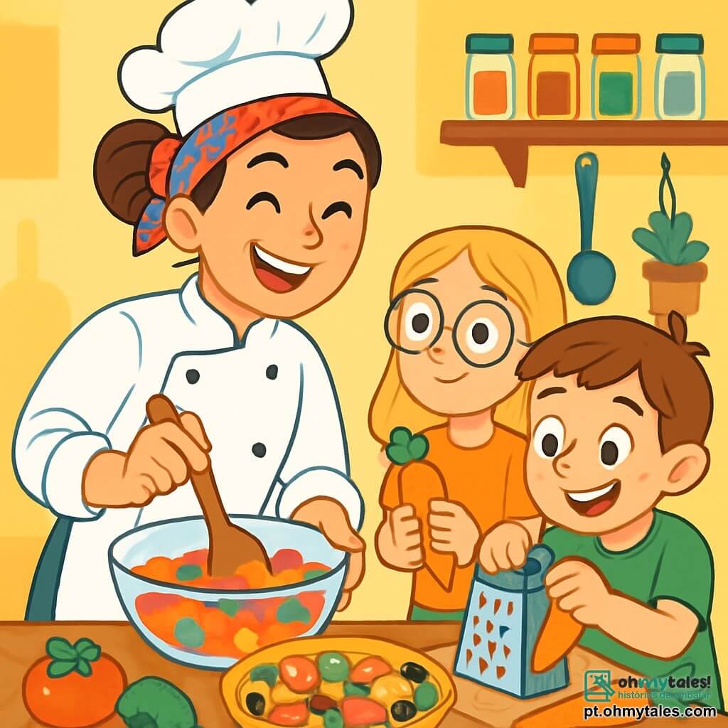 Uma chef de cozinha, uma mulher de cerca de trinta anos, com cabelos castanhos presos em um coque e um lenço colorido, sorri alegremente enquanto segura uma espátula de madeira. Seu rosto irradia excitação e paixão enquanto mistura ingredientes coloridos em uma grande tigela de vidro. Ao seu lado, uma menina de 8 anos, Inês, com cabelos loiros e óculos redondos, observa com os olhos arregalados, segurando uma cenoura fresca nas mãos. Um menino de 9 anos, Tomás, com cabelos castanhos e sardas, está inclinado sobre a mesa, ralando uma cenoura com um grande sorriso, ansioso para participar da criação. A cena se passa em uma cozinha iluminada e acolhedora, com paredes pintadas de amarelo pastel, prateleiras cheias de potes de especiarias coloridas e legumes frescos dispostos sobre a bancada de madeira. A situação principal mostra a chef e as crianças preparando juntas uma torta colorida, recheada de legumes e frutas, com risadas e uma atmosfera de alegria e criatividade palpável no ar.