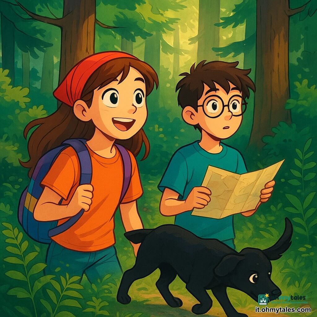 Aurora, una ragazza di circa 12 anni, indossa uno zaino colorato e una bandana rossa nei capelli. Il suo viso è illuminato da un sorriso di eccitazione e i suoi occhi brillano di curiosità mentre esplora una foresta densa. Accanto a lei, Leo, un ragazzo di 12 anni con occhiali tondi e capelli castani disordinati, guarda intorno a sé con aria intrigata, tenendo una mappa in mano. Yara, un cagnolino nero dal pelo lucido, annusa il terreno con entusiasmo, pronta a scoprire nuove avventure. Il luogo è una foresta boreale lussureggiante, con alberi maestosi, felci verdi e raggi di sole che filtrano attraverso il fogliame, creando ombre danzanti sul terreno. Aurora e Leo scoprono un sentiero nascosto, circondato da folta vegetazione, mentre Yara corre avanti, entusiasta di questa nuova scoperta. L'atmosfera è piena di mistero e avventura, con un tocco di magia nell'aria.