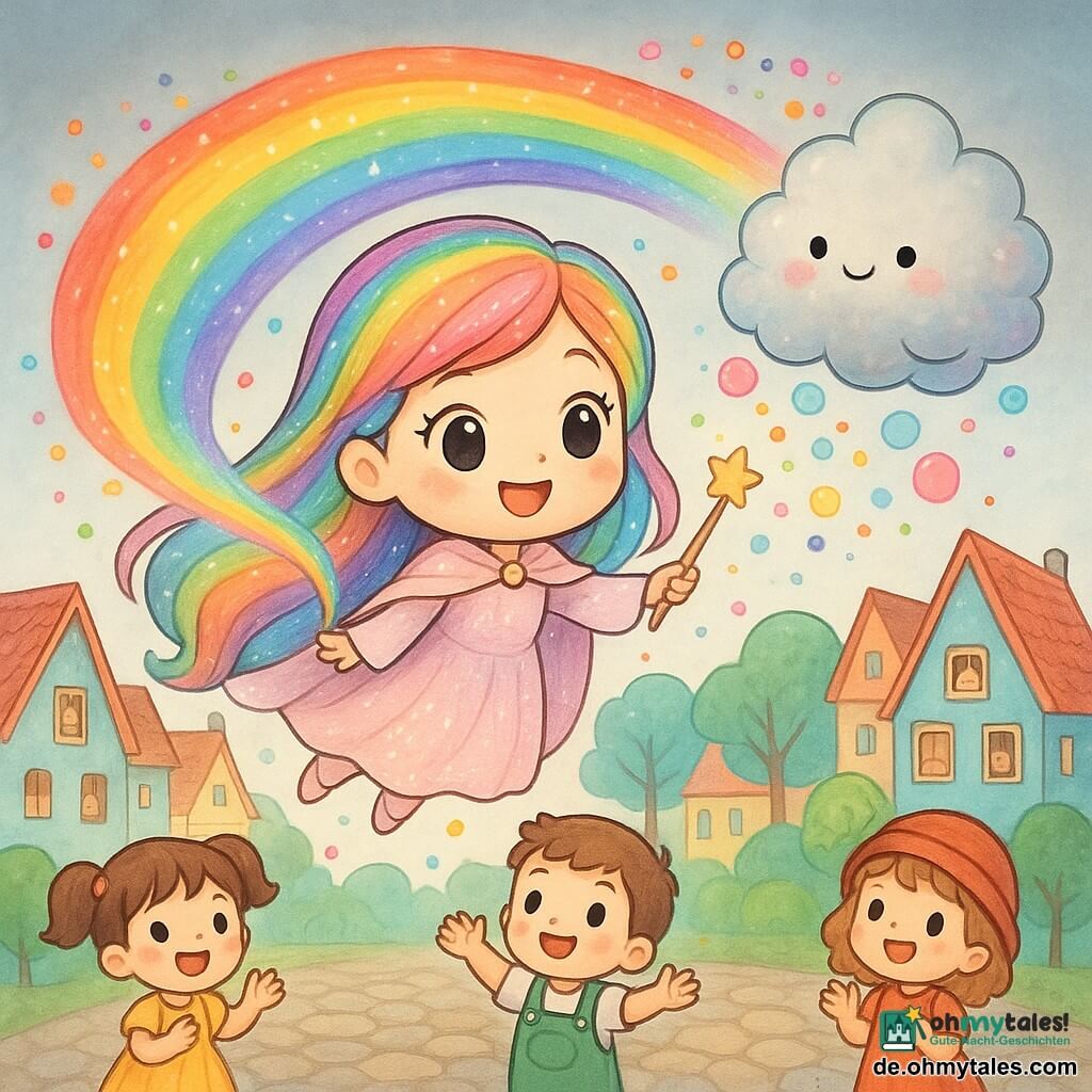 Glitzerfee, eine fröhliche, wohlwollende Frau mit langen, sehr glänzenden regenbogenfarbenen Haaren und hellrosa funkelndem Umhang, fliegt vornübergebeugt und schwingt einen Zauberstab, der bunte Farbspuren hinterlässt; Plüsch, ein schüchternes, flauschiges Wolkengeistchen in perlgrau mit pastelligen Schimmern und kleinen runden Händen, schwebt neben ihr und lässt farbene Seifenblasen platzen, die zu Konfetti werden; Zwitscher, ein kleiner leuchtend blauer Vogel, sitzt auf Glitzerfees rechter Schulter, schlägt mit den Flügeln und blickt neugierig; unten stehen drei Kinder und schauen nach oben — ein fünfjähriges Mädchen mit Zöpfen und gelbem Kleid, ein sechsjähriger Junge in grüner Latzhose und ein vierjähriges Mädchen mit rotem Hut — sie springen und klatschen vor bunten Spitzdachhäuschen auf dem gepflasterten Marktplatz von Funkelhausen, wo papierblattartige Bäume stehen und der Himmel um die Farbspuren von grau zu blau wechselt; Glitzerfee und Plüsch verteilen Farbe über die Stadt, leuchtende Farbbänder regnen sacht herab, während die Kinder lächeln und Nachbarn aus den Fenstern schauen.