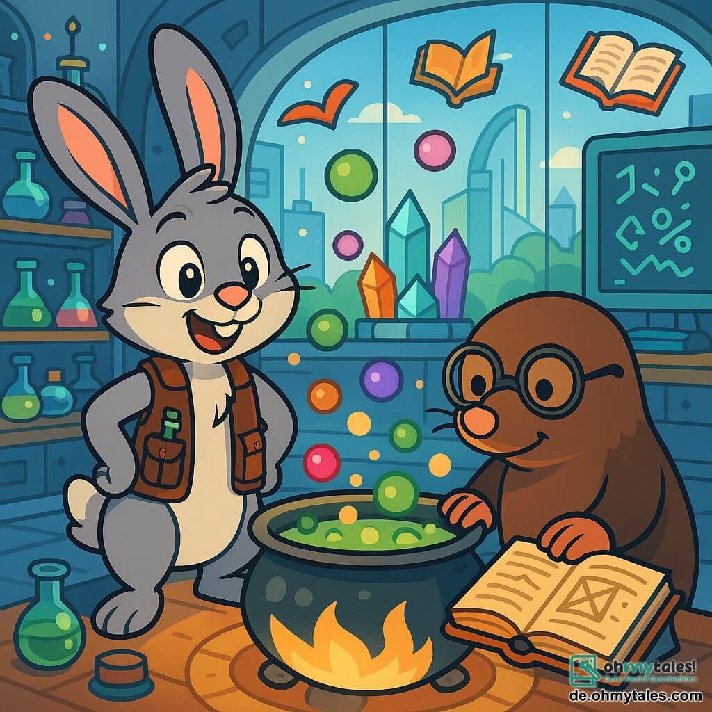 Fips, ein junger Hase mit großen Ohren und weichem grauem Fell, steht im Mittelpunkt des Bildes, seine Augen strahlen vor Aufregung und ein breites Lächeln ziert sein Gesicht. Er trägt eine kleine Lederweste mit Taschen voller magischer Gadgets. Neben ihm schaut Matz, ein Maulwurf mit braunem Fell und runden Brillen, neugierig auf ein großes Zauberbuch, seine kleinen Pfoten darauf, konzentriert und entschlossen. Im Hintergrund ist das Labor von Professor Quiek ein faszinierender Ort, gefüllt mit funkelnden Maschinen, bunten Kristallen und fliegenden Büchern, mit Glaswänden, die futuristische Landschaften von Technomagica zeigen. Regale quellen über mit leuchtenden Tränken und seltsamen Gadgets, während ein großer Bildschirm bewegte magische Formeln anzeigt. Die Szene zeigt Fips und Matz, die in einem großen brodelnden Kessel einen Zaubertrank zubereiten, umgeben von bunten Blasen, die in der Luft schweben, während ein sanftes goldenes Licht ihre Arbeit erhellt.