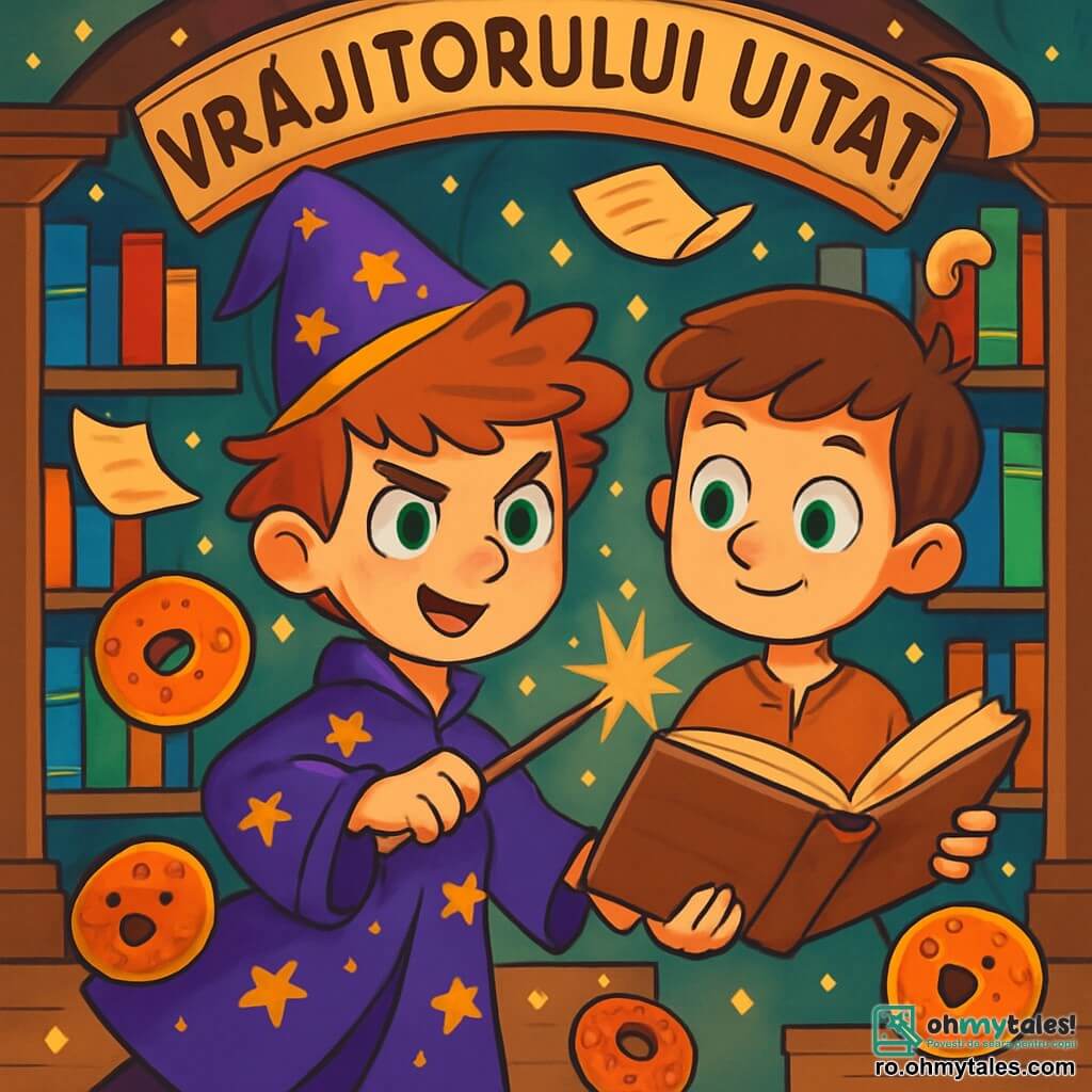 Un tânăr vrăjitor pe nume Ilie, în vârstă de aproximativ 10 ani, stă în centrul imaginii, cu părul zburlit și ochi verzi strălucitori de determinare. Poartă o robă de vrăjitor violetă împodobită cu stele aurii și ține o baghetă din lemn de alun, pregătit să lanseze un vrăj. Fața lui exprimă o mare concentrare și o ușoară excitație. Lângă el, vărul său Aris, un băiat de 9 ani cu părul brun și ochi albaștri, observă cu curiozitate. Poartă o tunică simplă și ține o carte veche deschisă, paginile fluturând ușor în vânt. În fundal, scena se desfășoară în Biblioteca Vrăjitorului Uitat, o cameră magică plină de cărți cu coperți colorate și pergamente plutitoare. Rafturi din lemn sculptat se ridică până la tavan, iar lumini strălucitoare plutesc în aer, creând o atmosferă fermecătoare. Situația principală arată cum Ilie și Aris se pregătesc să rupă o blestem, înconjurați de gogoși magice care sar vesel în jurul lor, adăugând o notă de nebunie și magie atmosferei.