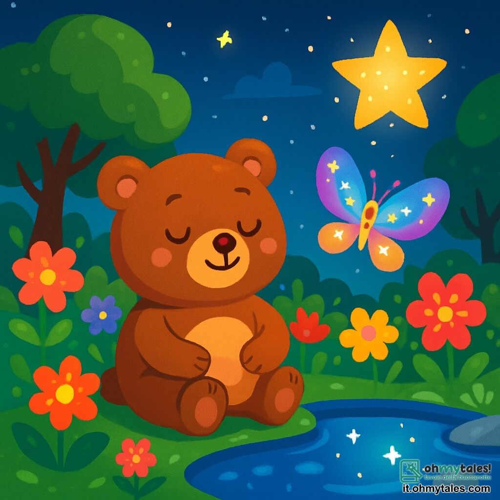 Un piccolo orso bruno, dolce e rotondo, con un sorriso sereno sul viso, è seduto sul bordo di un laghetto scintillante, circondato da fiori vivaci. Chiude gli occhi, respirando profondamente, e sembra sereno e rilassato. Accanto a lui, una farfalla luminosa, con ali multicolori che brillano come stelle, vola dolcemente nell'aria. Più lontano, una stella scintillante scende dal cielo, con un bagliore caldo, come se volesse unirsi all'orso nel suo sogno. Il luogo è un giardino segreto, pieno di fiori dai colori vivaci, con alberi maestosi che danzano dolcemente al vento. Il laghetto è circondato da ciottoli lisci e brillanti, che riflettono la luce delle stelle. In questa scena, l'orso si prepara a tuffarsi in un sogno dolce e rilassante, guidato dalla farfalla e dalla stella, creando un'atmosfera di calma e benessere.