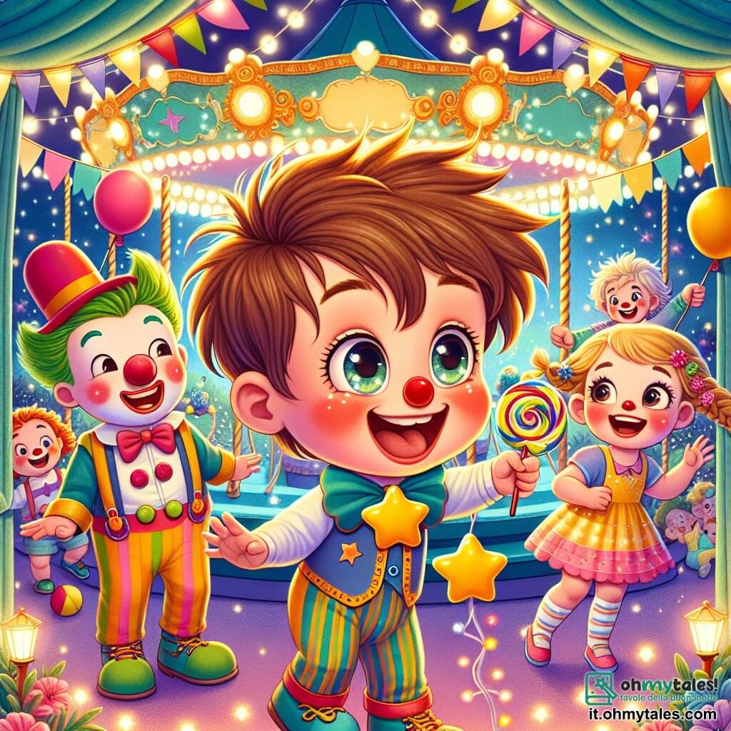 Un bambino di 3 anni, Leo, con i capelli castani in disordine e occhi scintillanti di gioia, tiene un lecca-lecca a forma di stella e sorride, in piedi al centro di un giardino magico. Accanto a lui, Pino, un clown allegro di circa 30 anni, con un naso rosso e capelli colorati, fa gesti divertenti per intrattenere Leo. Più lontano, Mia, una bambina di 5 anni con lunghi capelli biondi intrecciati e un vestito colorato, lancia un pallone in aria, ridendo con entusiasmo. Il giardino è pieno di festoni colorati, palloni multicolori e luci scintillanti, creando un'atmosfera festosa. In fondo, un grande carosello gira lentamente, illuminato da luci decorative. La scena principale mostra Leo, meravigliato, che gioca con i suoi nuovi amici, ridendo e correndo tra i palloni, mentre il clown Pino fa smorfie e Mia lancia il suo pallone in alto, tutti condividendo un momento di felicità e amicizia nel cuore del carnevale.
