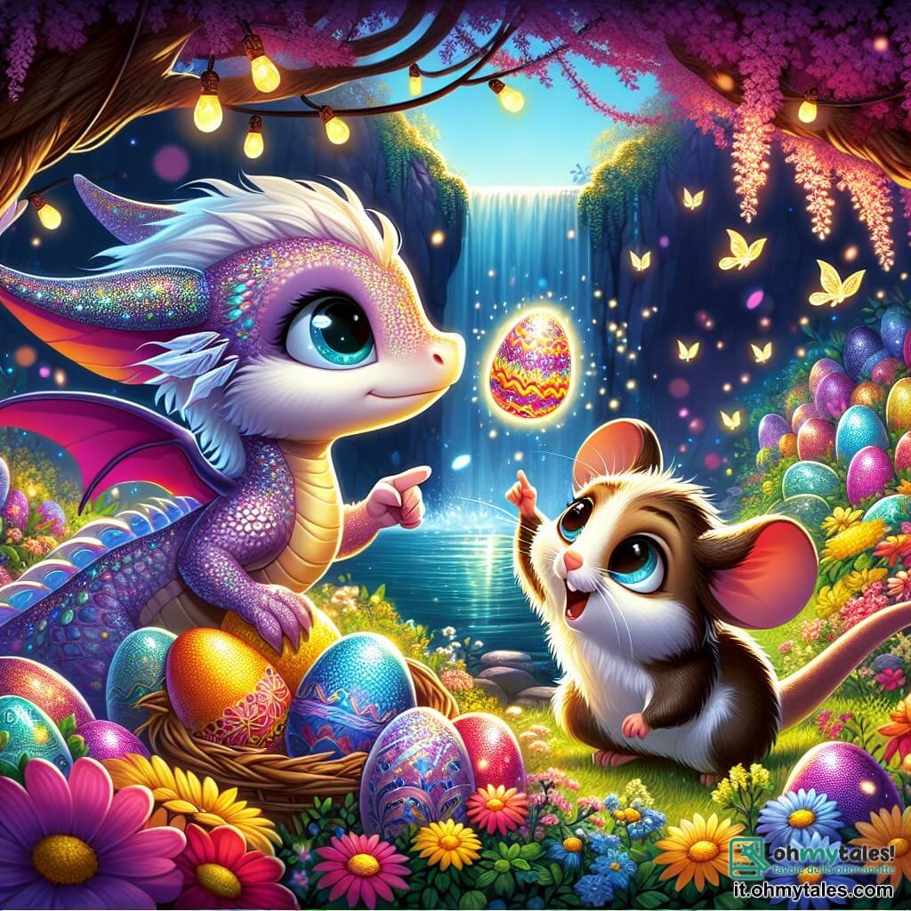 Un giovane drago di nome Lilli, con squame scintillanti dai colori dell'arcobaleno, esprime grande curiosità e meraviglia mentre scopre un giardino magico pieno di uova di Pasqua fluttuanti. Accanto a lui, Pip, un piccolo ghiro dagli occhi brillanti e pelo marrone, mostra un mix di eccitazione e stupore, indicando un uovo colorato che brilla al sole. Il giardino è incantevole, con fiori multicolori, alberi dalle foglie dorate e una cascata melodiosa sullo sfondo, creando un'atmosfera da favola. Lilli e Pip esplorano questo giardino segreto, meravigliati dalle storie che prendono vita intorno a loro, mentre bolle di luce fluttuano nell'aria, aggiungendo un tocco di magia alla loro avventura.