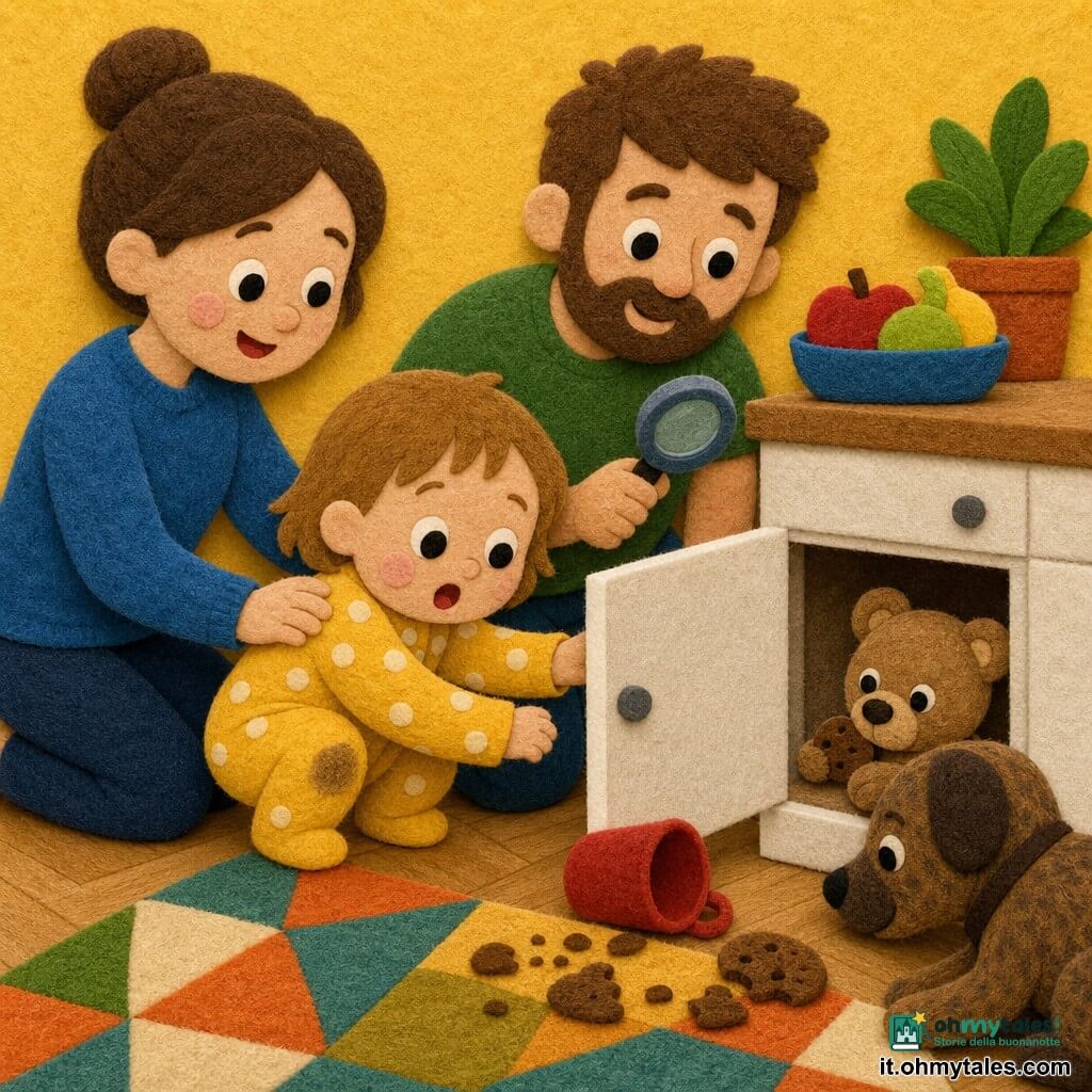Bambina di circa 2 anni, capelli castano chiaro corti, occhi tondi, guance rosate, sorriso stupito, in body giallo a pois bianchi, accovacciata mentre apre una piccola anta bassa e scopre il suo orsetto di peluche marrone chiaro che tiene un pezzetto di biscotto; madre intorno ai 30 anni a sinistra con capelli raccolti e maglione blu, mano sulla spalla della bambina, sguardo benevolo; padre intorno ai 35 anni dietro inginocchiato con barba leggera e t-shirt verde che tiene una lente giocattolo; cane tigrato marrone a destra che annusa il pavimento; ambiente angolo cucina-soggiorno con parquet chiaro, mobiletto basso bianco, tazza rossa rovesciata vicino all'anta, biscotti spezzati e tappeto con motivi geometrici colorati; atmosfera gioiosa, colori caldi, texture morbide e forme semplici adatte ai più piccoli.