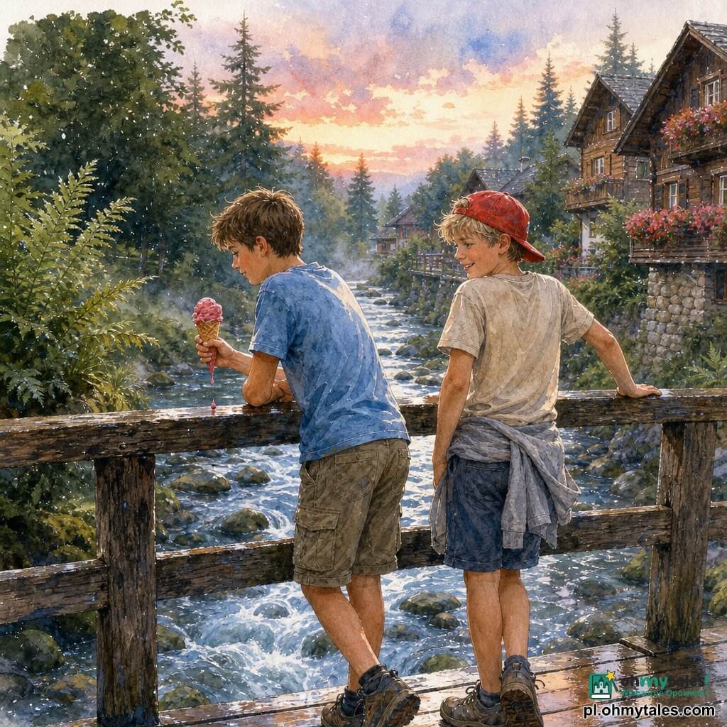 Na starym drewnianym moście nad wartkim strumieniem po deszczu stoją dwaj jedenastolatkowie: Kuba — krótkie brązowe włosy, jasnoniebieski lekko pognieciony t-shirt, khaki szorty, oparty na lewej poręczy, trzyma rożek lodów malinowych z kroplą na palcu — i Olek — blond włosy w nieładzie, czerwona czapka na odwrót, szary sweter przewiązany w pasie, po prawej, lekko zwrócony ku Kubie, uśmiechnięty i zrelaksowany, trzyma dłoń na poręczy; mokre deski, przejrzysta woda wirująca wokół gładkich kamieni i mchu, brzegi z paprociami i świerkami, w tle drewniane domy z pelargoniami i pastelowe niebo o zmierzchu; cicha, uspokajająca atmosfera, chłodna paleta akwarelowych błękitów i zieleni z różowymi i brązowymi akcentami.