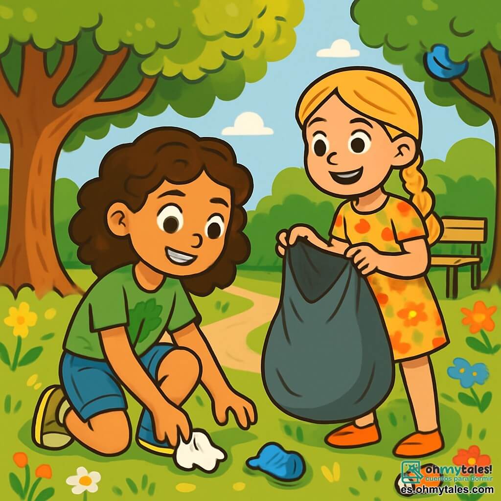 Una niña de 12 años, Ana, con cabello castaño y rizado, lleva una camiseta verde con un dibujo de un árbol y un short de mezclilla. Tiene una sonrisa decidida y ojos brillantes de curiosidad. Ana está agachada recogiendo basura en un parque soleado, rodeada de flores coloridas y árboles majestuosos. A su lado, su mejor amiga Luna, también de 12 años, tiene el cabello rubio trenzado y lleva un vestido con estampado floral. Sostiene una gran bolsa de basura y mira a Ana con una sonrisa entusiasta, lista para ayudar. El parque es verde, con árboles frondosos, bancos de madera y un pequeño camino serpenteante. Los rayos de sol atraviesan las ramas, iluminando el suelo cubierto de flores silvestres. Ana y Luna están en plena acción, decididas a limpiar el parque y concienciar a sus amigos sobre la protección del medio ambiente. Los pájaros cantan en los árboles, añadiendo vida a esta escena alegre e inspiradora.