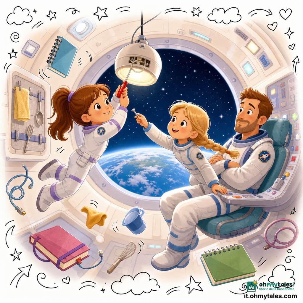 Lina è una giovane astronauta dal viso rotondo e capelli castani raccolti in coda, concentrata e sorridente mentre con un piccolo cacciavite rosso ripara una lampada sospesa che fluttua; Sofia, compagna di squadra dall'apparenza di 8–10 anni con treccia bionda, le porge una vite fluttuando vicino al pannello di controllo; il capitano, uomo di circa 35 anni con una leggera barba, seduto presso il grande oblò, dice "Pronti, partenza, via!" con aria benevola; l'interno della navicella è rotondo e luminoso, pareti metalliche pastello, pulsanti colorati, cavi e quaderni che fluttuano, piccoli asciugamani e utensili fissati con velcro; attraverso l'oblò si vede la Terra lontana, blu e bianca, e un cielo stellato; l'atmosfera è di lavoro di squadra calma e gioiosa, con oggetti che fluttuano dolcemente, colori caldi e texture morbide in stile infantile rassicurante.