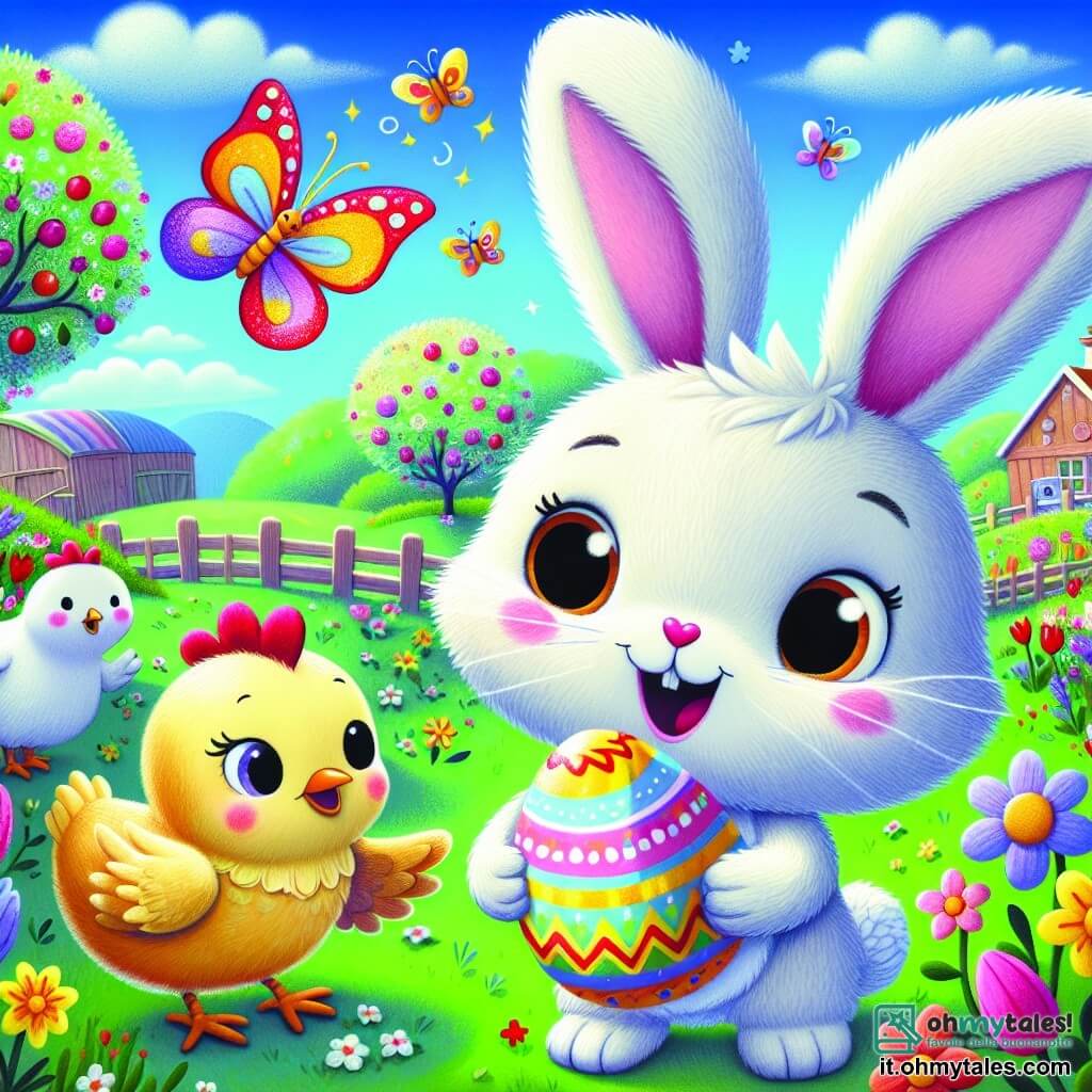 Un coniglietto di nome Pino, con un pelo bianco e morbido come il cotone, orecchie grandi e occhi scintillanti di curiosità, si trova al centro dell'immagine, sorridendo entusiasta mentre tiene un uovo di Pasqua colorato tra le zampe. Accanto a lui, Clara la gallina, con piume dorate e un becco lucido, guarda l'uovo con meraviglia, gli occhi rotondi pieni di eccitazione. Sullo sfondo, Lalla la farfalla, con ali multicolori scintillanti, vola gioiosamente sopra di loro, aggiungendo un tocco di magia alla scena. Il contesto è una fattoria incantevole in primavera, con fiori vivaci di tutti i colori, un grande melo in fiore e un cielo azzurro chiaro punteggiato di nuvole bianche e soffici. La scena principale mostra Pino e i suoi amici che scoprono insieme l'uovo di Pasqua magico, circondati da un'atmosfera gioiosa e festosa, piena di risate e colori vivaci.