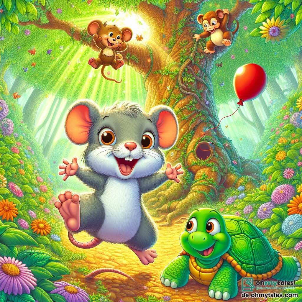 Ein kleiner Ratte namens Ralf, mit weichem grauem Fell und großen, neugierigen Augen, springt vor Freude vor einem riesigen Baum mit funkelnden Blättern, ein breites Lächeln auf seinem Gesicht. Neben ihm beobachtet eine niedliche Schildkröte namens Tina, mit einem grünen Panzer und schelmischen Augen, begeistert, während ein frecher Affe namens Max, mit braunem Fell und lächelndem Gesicht, sich von einem Ast über ihnen schwingt und einen roten Ballon hält. Der Ort ist ein bunter Grüngarten, gefüllt mit leuchtenden Blumen und Sonnenstrahlen, die durch die Blätter filtern und eine magische Atmosphäre schaffen. Die Hauptsituation zeigt Ralf, Tina und Max, die gemeinsam eine geheimnisvolle Tür im Stamm des großen Baumes entdecken, voller Aufregung und Lachen, bereit, in eine Welt voller lustiger Abenteuer einzutreten.
