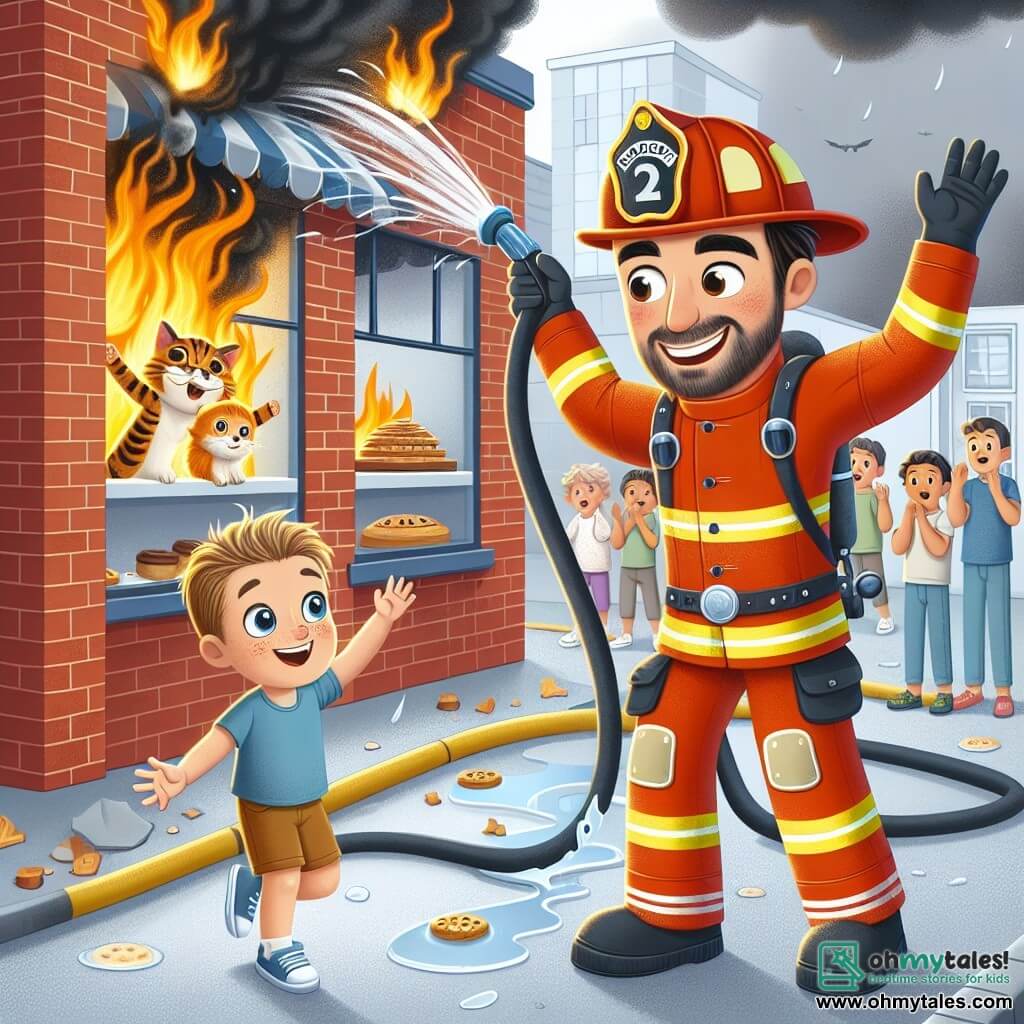 A firefighter named Sam, with a big smile and a shiny helmet, is holding a fire hose, spraying flames. He has brown hair and wears a red suit with reflective stripes. Next to him, a small boy named Leo, about 7 years old, with blonde hair and sparkling eyes, watches in awe, arms raised in encouragement. Leo is wearing a blue t-shirt and shorts. The scene takes place in front of a burning bakery, with red brick walls and broken windows, while black smoke billows from the roof. Concerned yet admiring bystanders stand at a distance, applauding the firefighters' bravery. The main situation shows Sam rescuing a small orange cat stuck on a shelf inside the bakery, while Leo enthusiastically encourages him, creating an atmosphere of teamwork and courage.