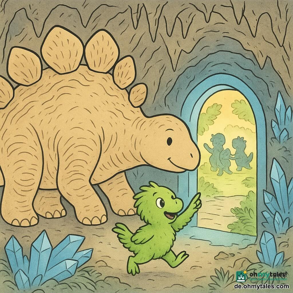 Ein massiver, sanfter Stegosaurus, wohlwollend und entschlossen, mit großen runden, strukturierten Rückenplatten und runziger, welliger Haut, lehnt behutsam eine Platte an eine leuchtend blaue Lichttür und blickt aufmerksam darauf; ein kleiner grüner Dino-Küken namens Pico, aufgeregt und erleichtert mit flauschigem Gefieder und glänzenden runden Augen, springt bei den Beinen des Stegosaurus und zeigt auf die Tür; Picos Familie im Hintergrund, freudige Silhouetten, die aus einem hellen Garten durch die angelehnte Tür treten, inklusive kuschelnder Jungdinos und einer schuppigen Großmutter, winkend; die Szene spielt in einer kleinen Kristallhöhle mit facettierten Kristallen, Stalaktiten, Moos, Farnen und einer alten Knochenpasserelle; Hauptsituatiom: der Stegosaurus aktiviert die blaue Lichttür in der Kristallhöhle, um Picos verlorene Familie wiederzufinden, Stimmung von Staunen und Trost.