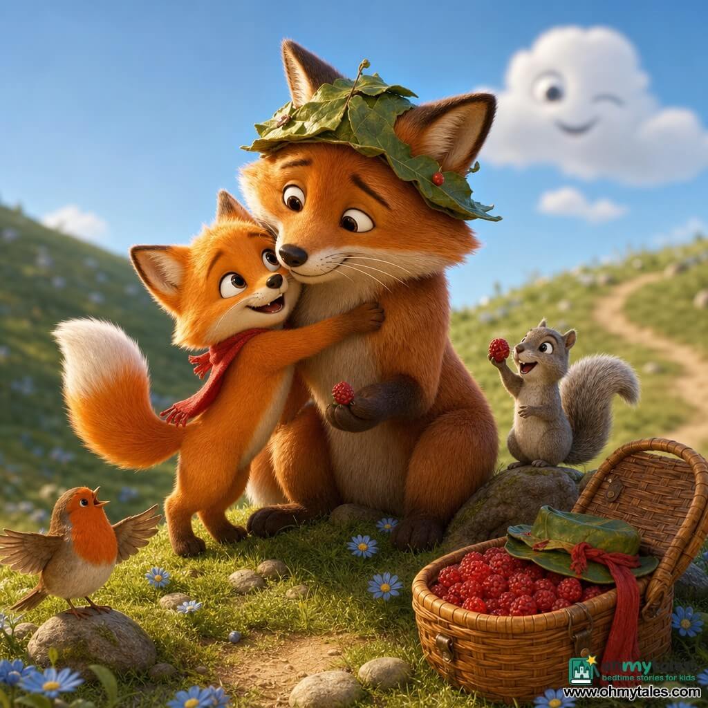 A small red fox (Sunny) with soft shiny fur and bright round eyes, wearing a crumpled red scarf, smiling and hugging his dad with a raised joyful tail; a large brown fox (Papa) with thick warm fur, white whiskers and teary bright eyes, sitting on a grassy hill wearing an improvised leaf crown and holding a berry; a lively gray squirrel to the right holding a red berry and looking at Sunny; a little orange-breasted robin perched on the basket singing with slightly open wings; a surprise Father's Day picnic on a gentle green hill with a wicker basket of bright red berries, a wet-leaf hat and a crumpled red ribbon, a clear blue sky with a winking cloud, and a soft, luminous, tender atmosphere.