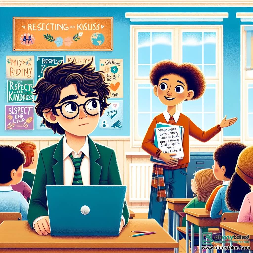 A 12-year-old boy, Matt, with messy black hair and glasses, stands in the center of the image, looking determined yet slightly nervous, with furrowed brows and hands gripping his laptop. To his right, a 12-year-old girl, Zoe, with curly red hair and a big encouraging smile, hands him a paper with positive words written on it. In the background, a bright classroom with light blue walls, posters about respect and kindness, and students sitting at wooden desks, listening attentively. Matt is preparing to share his story about bullying, a glimmer of hope in his eyes, while the other students watch with curiosity and support.