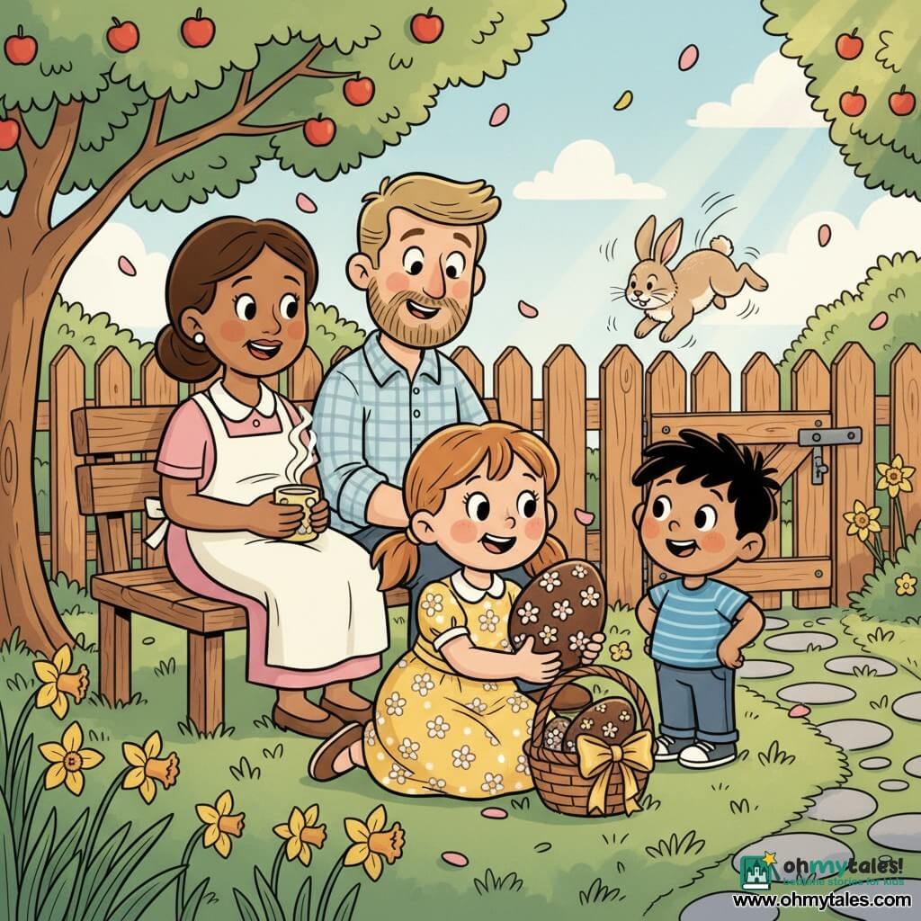 An 8-year-old girl with an amazed smile and light brown pigtails kneels by a small wicker basket tied with a golden ribbon, holding a large chocolate egg decorated with sugar flowers; an 8-year-old boy with short tousled hair in a blue striped tee stands beside her with a hand on his hip; the mother, hair tied and wearing a pastel apron, sits on a bench under an apple tree to the left holding a cup of cocoa, and the father with a light beard in a plaid shirt sits beside her leaning toward the children; a small beige rabbit hops near a wooden fence in the spring garden of thick green grass, daffodils, pink petals falling from the apple tree, a small wooden gate with a latch and a stone path; the main scene shows the girl discovering the magical egg at the gate with sunlight casting golden highlights on the ribbon and the family gathered on the bench in a warm, wonder-filled atmosphere.