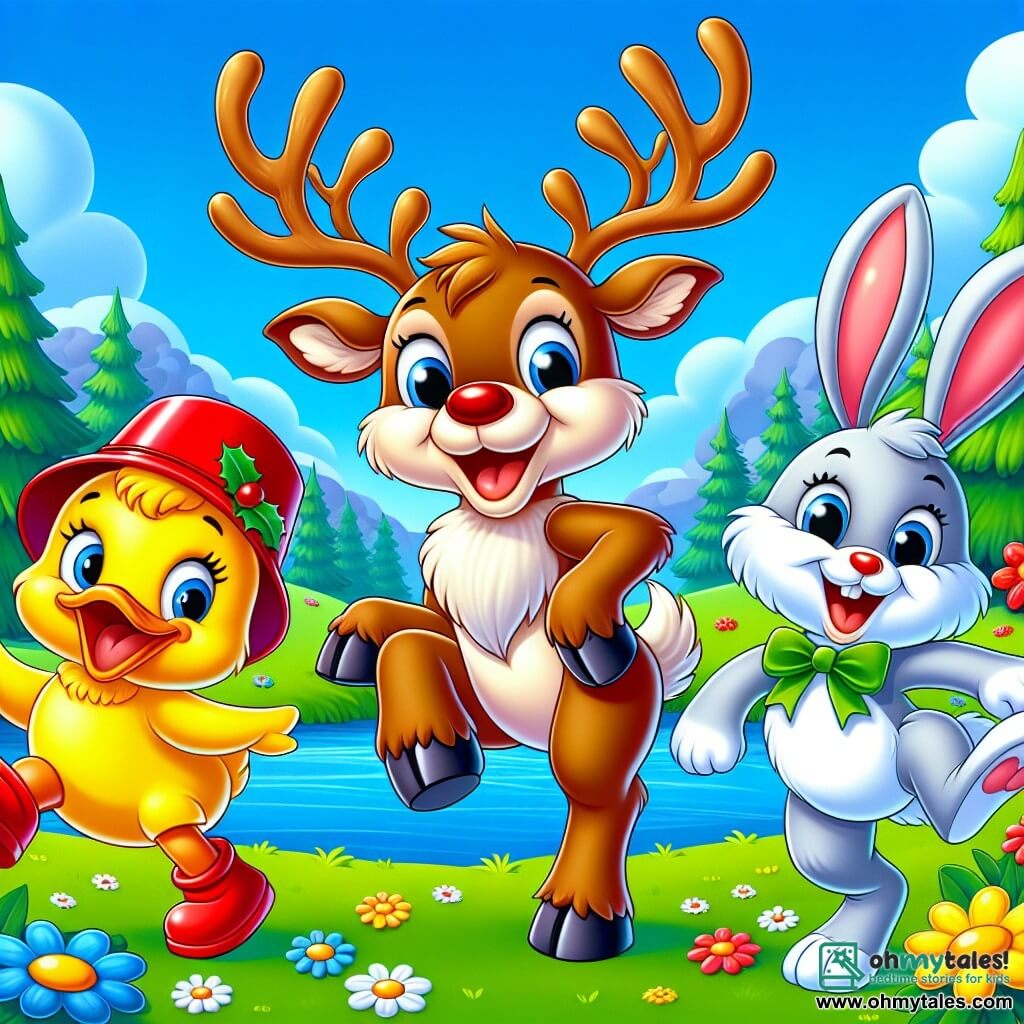 A joyful reindeer with brown fur and majestic antlers stands in the center of the image, wearing a red bucket on its head, laughing with sparkling mischievous eyes. To its right, a bright yellow duck, Daisy, with a small flower pot hat, twirls while quacking happily. On the left, a small white rabbit, Benny, with big ears, wears a blue boot on its head and hops energetically. In the background, a lush green meadow under a bright blue sky, dotted with colorful flowers and a large tree. The animals dance and have fun together, creating a festive and joyful atmosphere.