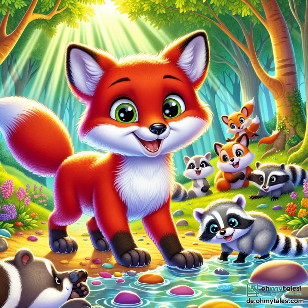 Ein junger, leuchtend roter Fuchs mit großen, neugierigen Augen und einem warmen Lächeln steht am Ufer eines glitzernden Baches, mit den Pfoten im Wasser, und schaut staunend auf eine Gruppe von Tieren, die ihn umgeben. Neben ihm hockt ein kleiner Dachs mit braunem und weißem Fell, der freundlich und verspielt aussieht, um bunte Steine aufzuheben und laut zu lachen. Ein junger Waschbär mit grauem Fell und schwarzen Streifen steht etwas im Hintergrund, wirkt schüchtern, aber neugierig und beobachtet die anderen mit glänzenden Augen. Die Szenerie ist ein wunderschöner Wald mit majestätischen Bäumen, leuchtend grünen Blättern, bunten Blumen und Sonnenstrahlen, die durch die Äste filtern und eine warme, einladende Atmosphäre schaffen. Die Hauptsituation zeigt den Fuchs und seine Freunde, die zusammen spielen, ihre Unterschiede feiern und sich kennenlernen, während eine schöne Harmonie um sie herum herrscht, die Akzeptanz und Freundschaft symbolisiert.
