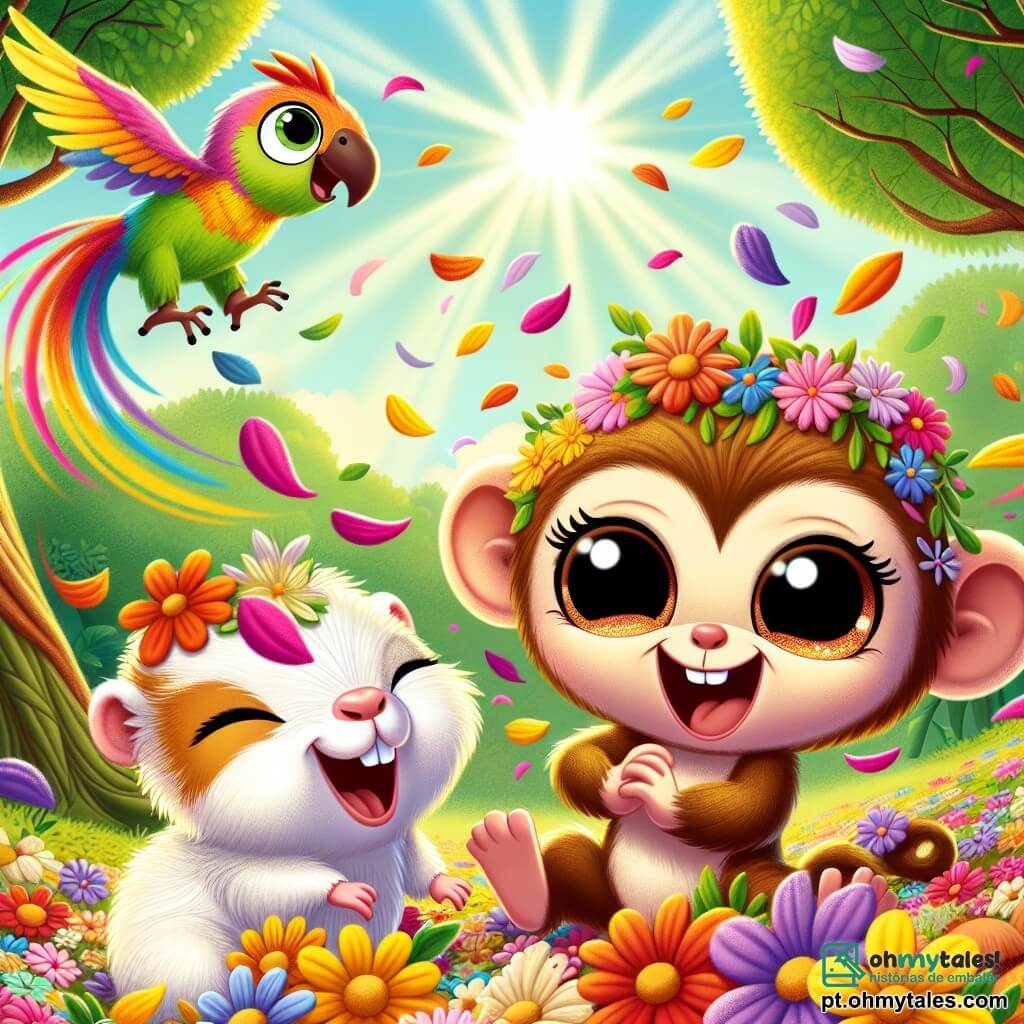 Um macaco alegre chamado Lili, com pelagem castanho claro e grandes olhos brilhantes, está pulando em um monte de flores coloridas, rindo enquanto pétalas voam ao seu redor. Ao lado dela, um porquinho-da-índia travesso chamado Tico, com pelos brancos e marrons, está sentado em um canto, rindo alto enquanto tenta se livrar de algumas flores presas em suas orelhas. Um papagaio vibrante com penas multicoloridas, Zico, voa acima deles, com um sorriso travesso, pronto para fazer uma acrobacia. A cena acontece em uma clareira ensolarada da floresta encantada, cercada por árvores majestosas com folhas verdes brilhantes e raios de sol filtrando pelas ramas. Lili, Tico e Zico se divertem juntos, criando um momento de alegria e camaradagem enquanto se envolvem em uma competição amigável e hilária.