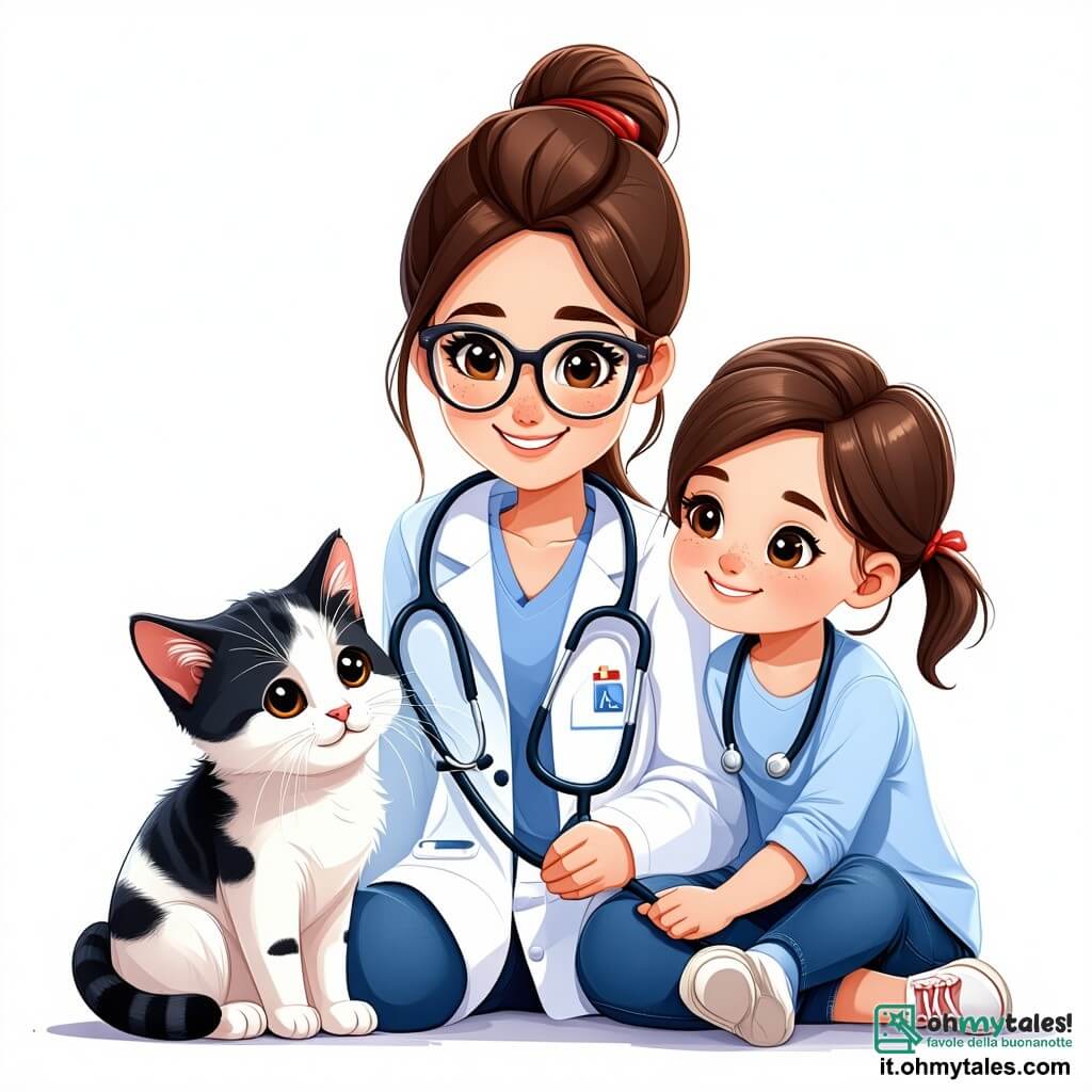 Una giovane veterinaria, Anna, è al centro dell'immagine, sorridente e dolce. Indossa un camice bianco, ha i capelli castani raccolti in un chignon e occhiali rotondi. Sta ascoltando il cuore di un gattino bianco con macchie nere, Leo, usando uno stetoscopio. Accanto a lei c'è Sara, una bambina di 8 anni, con capelli biondi e trecce. Guarda con meraviglia, gli occhi brillanti, mentre accarezza dolcemente Leo sulla tavola. La scena si svolge in una clinica veterinaria luminosa e accogliente, con pareti dipinte di verde pastello, manifesti di animali e giocattoli per animali sparsi sul pavimento. Una grande finestra lascia entrare la luce del sole, illuminando la stanza. Anna e Sara si prendono cura di Leo, creando un momento di complicità e benevolenza, dove l'amore per gli animali e l'apprendimento si intrecciano.