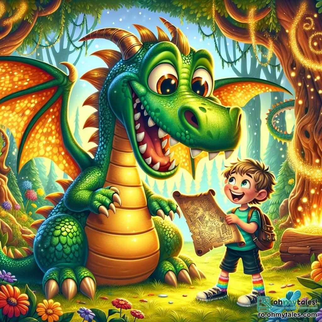 Un dragon cu solzi verzi strălucitori, cu ochi mari și răutăcioși, se află în centrul scenei, râzând din toată inima. Aripile sale sunt desfăcute, lăsând să iasă scântei aurii, iar în ghearele sale ține o mare hartă a comorii. Lângă el, Gigel Glumețul, un băiat de 8 ani cu părul zbârlit și un zâmbet jucăuș, poartă ciorapi colorați cu clopoței și privește dragonul cu uimire. În fundal, pădurea este plină de copaci cu trunchiuri răsucite, frunzele lor strălucesc ca niște confetti sub soare, iar flori multicolore dansează în ritmul vântului. Situația principală îl arată pe dragon și pe Gigel râzând împreună, dragonul punând o ghicitoare amuzantă, în timp ce Gigel încearcă să nu izbucnească în râs, creând o atmosferă veselă și jucăușă.