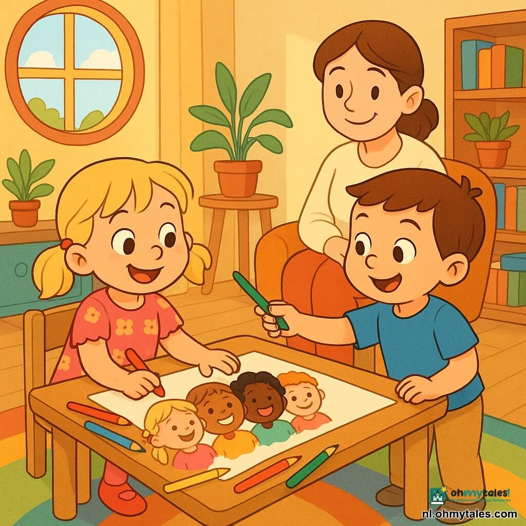 Lotte, 4 jaar, blonde met twee staartjes, glimlachend en geconcentreerd, zit aan een houten tafeltje en tekent op een groot wit vel met kleurpotloden; Sam, ongeveer 5 jaar, bruin haar, enthousiast, staat naast haar en reikt een groen potlood aan terwijl hij blij naar de tekening kijkt; hun moeder (30–35 jaar), châtain haar in een knot en een crème trui, zit achter hen in een stoel en kijkt liefdevol toe; gezellige, lichte woonkamer met kleurrijk tapijt, boekenplank, ronde raam en planten; Lotte tekent een grote afbeelding van verschillende gelukkige mensen, Sam voegt een figuur toe, iedereen lacht — vrolijke scène, heldere kleuren, eenvoudige ronde vormen.