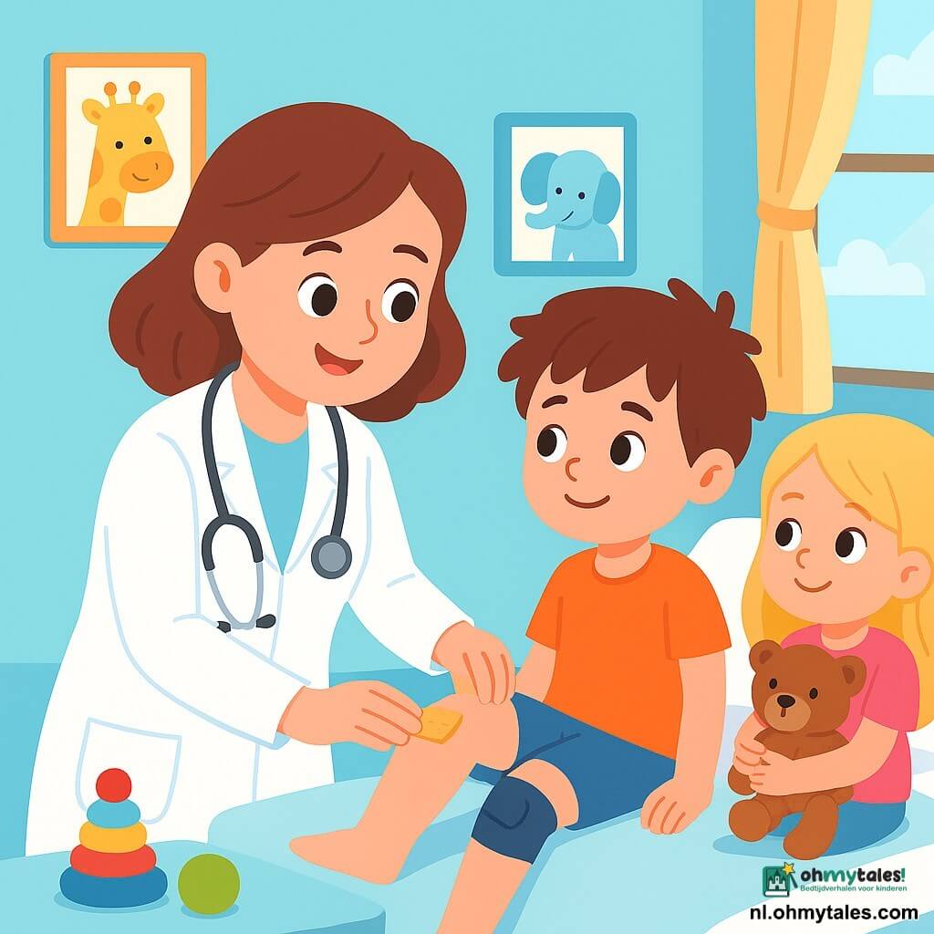 Een glimlachende vrouwelijke arts, dokter Lisa, draagt een stralend witte jas en een stethoscoop om haar nek. Haar sprankelende ogen tonen medeleven terwijl ze een jonge jongen, Tim, van ongeveer 8 jaar, met een kniebandage op zijn geblesseerde knie onderzoekt. Tim heeft rommelig bruin haar en een bezorgd gezicht, maar begint te glimlachen bij het zien van Lisa's vriendelijkheid. In de kamer zit ook een klein meisje, Anna, van 6 jaar, op een ziekenhuisbed. Ze heeft lange blonde haren en houdt een knuffel vast. Ze kijkt met bewondering naar dokter Lisa, in afwachting van hulp. De ruimte is een lichte ziekenhuiskamer, met pastelblauwe muren en tekeningen van glimlachende dieren. Er is een comfortabel bed, een raam dat zonlicht binnenlaat en kleurrijke speelgoedjes verspreid over een klein tafeltje. De hoofdscène toont dokter Lisa die een verband op Tim's knie aanbrengt, terwijl Anna, met een nieuwsgierige blik, de scène observeert, omringd door een warme en troostende sfeer.