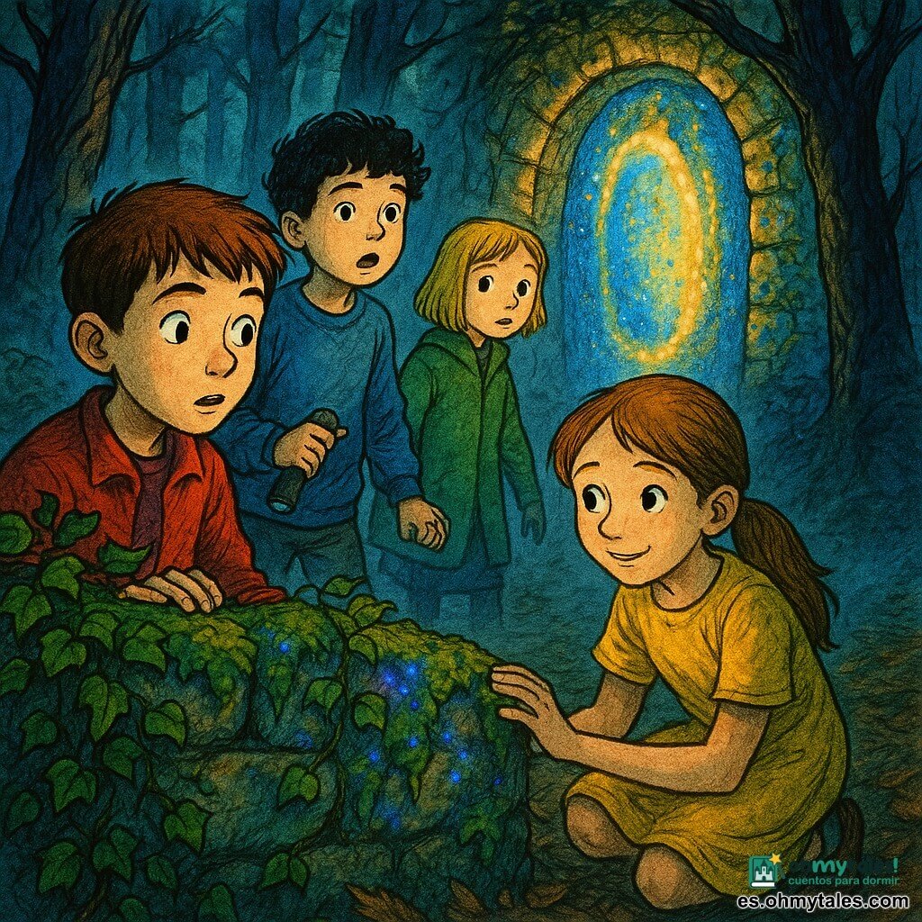 Hay cuatro niños: Lucas, 10 años, pelo castaño corto, chaqueta roja, al frente a la izquierda con la mano en un muro cubierto de musgo brillante, mirando asombrado; Mateo, 10 años, pelo negro rizado, suéter azul, justo detrás de Lucas a la izquierda con la boca entreabierta y una linterna apagada; Sofía, 9 años, pelo castaño claro recogido, vestido amarillo, a la derecha de Lucas, agachada tocando las piedras del muro y sonriendo tímidamente; Clara, 9 años, pelo rubio corto, abrigo verde, atrás en el centro, sujetando la mano de Mateo y mirando el portal luminoso sorprendida. Escena: un claro de bosque denso de noche con troncos negros y suelo de hojas y raíces, ligera neblina junto al suelo; un muro antiguo de piedras rugosas cubierto de musgo húmedo y hiedra con manchas luminosas azul‑violeta que pulsan. Situación: el muro se ilumina y se abre en un pequeño portal oval radiante de luz azul y dorada; los niños, agrupados alrededor, tienen los rostros iluminados por la luz en una atmósfera a la vez inquietante y mágica, con fuertes contrastes de sombra y manchas de color, textura de tinta visible, trazos delicados y colores saturados para un ambiente aterrador pero suave.