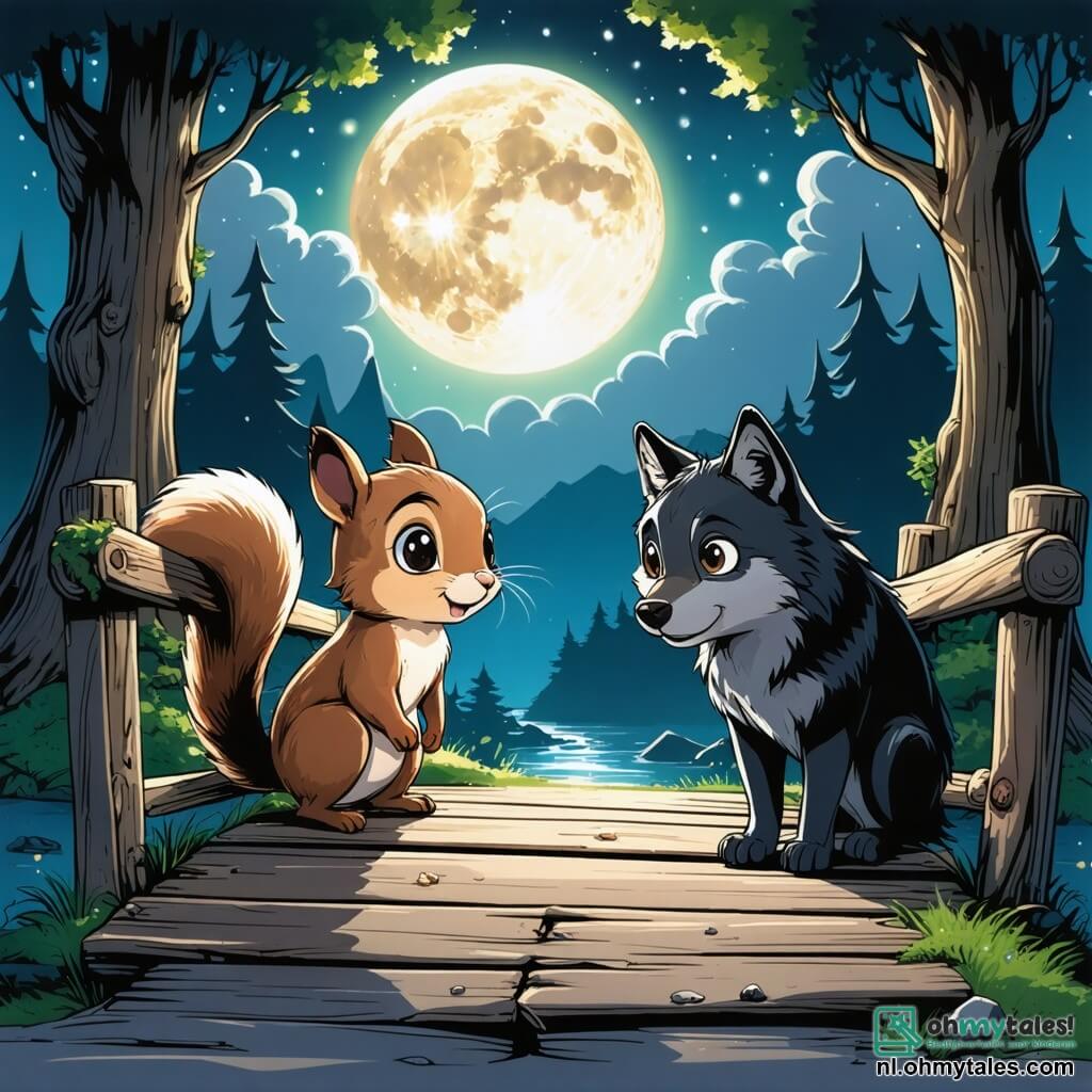 Een klein eekhoorntje met lichtbruin vacht, grote nieuwsgierige ogen en een pluizige staart, staat moedig op een oude houten brug, vastberaden naar de horizon te kijken. Naast hem staat een grote wolf met zwarte vacht, glanzende en mysterieuze ogen, iets op de achtergrond, met een uitdrukking van verrassing en bewondering, alsof hij een nieuwe vriend ontdekt. De omgeving is een donkere vallei, omringd door grote bomen met knoestige stammen en kromme takken, waar schaduwen dansen onder het maanlicht dat door het loof priemt. De door de tijd versleten brug is bedekt met mos en lijkt te trillen onder het gewicht van de twee vrienden, terwijl een lichte mist van de grond opstijgt, wat een vleugje mysterie aan de sfeer toevoegt. De hoofdscène toont het eekhoorntje en de wolf, verenigd in hun zoektocht om een oude vloek te verbreken, samen moedig verdergaand op de brug, klaar om het onbekende aan de andere kant te confronteren.
