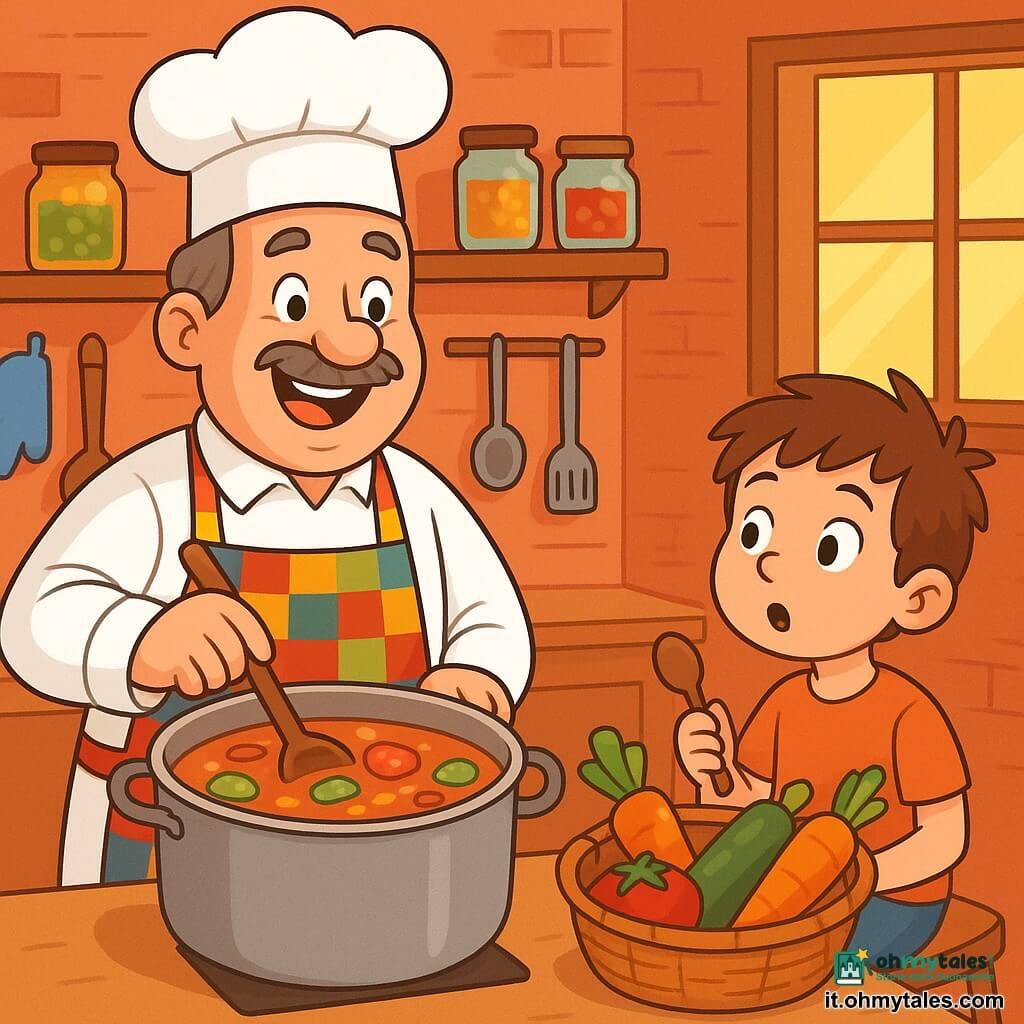 Un cuoco, un uomo di circa cinquant'anni, con un ampio sorriso e occhi scintillanti di gioia, indossa un grande cappello bianco da chef e un grembiule colorato. Sta mescolando una grande pentola piena di zuppa, circondato da verdure colorate, con pezzi di pomodori rossi, zucchine verdi e carote arancioni che traboccano da un cesto accanto a lui. Vicino a lui, un ragazzino di circa 8 anni, con i capelli castani arruffati e un viso curioso, osserva con meraviglia la preparazione del piatto, tenendo un piccolo cucchiaio di legno. È seduto su uno sgabello di legno, con gli occhi spalancati, pronto a gustare la zuppa. L'ambientazione è una cucina calda e accogliente, con muri di mattoni rossi, scaffali pieni di barattoli di spezie colorate e finestre che lasciano entrare la luce dorata del sole. La scena principale mostra il cuoco mentre crea una deliziosa zuppa, mentre il giovane ragazzo aspetta con impazienza di scoprire i sapori magici di questo piatto fatto in casa.