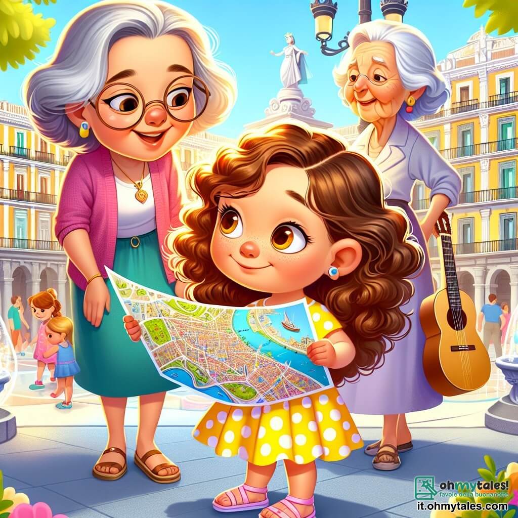 Una bambina di 4 anni, Sofia, con grandi occhi brillanti e capelli ricci castani, sorride con meraviglia guardando una mappa colorata di Madrid. Indossa un vestito giallo a pois e sandali rosa. Accanto a lei, sua nonna, una donna anziana con capelli grigi e occhiali, le mostra la mappa con un sorriso caloroso, mentre suo nonno, un uomo con una barba bianca e un cappello di paglia, suona la chitarra sotto una bella statua di marmo. Il luogo è una piazza animata di Madrid, circondata da edifici storici dalle facciate colorate, con alberi verdi e fontane scintillanti. Al centro, Sofia scopre la magia della città, affascinata dalla musica e dalle storie che la circondano.