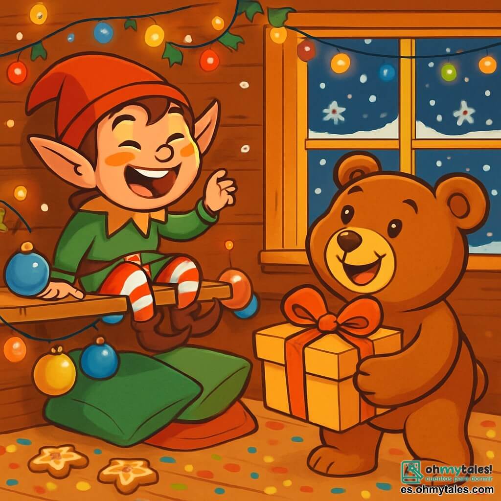 Un duende travieso, Tico, con un pequeño sombrero rojo puntiagudo y orejas puntiagudas, ríe a carcajadas, con sus ojos brillando de malicia. Está sentado en una estantería, rodeado de guirnaldas brillantes y bolas de Navidad coloridas. Junto a él, un oso de peluche llamado Benito, grande y suave, con una sonrisa cálida y ojos brillantes de emoción, sostiene una caja de regalos, listo para jugar. Se mantiene en sus patas traseras, mirando a Tico con diversión. La escena tiene lugar en una acogedora cabaña navideña, decorada con luces parpadeantes y copos de nieve que caen suavemente afuera. El suelo está cubierto de pasteles de Navidad y confeti colorido, creando una atmósfera festiva y alegre. Tico, el duende, está preparando una broma escondiendo regalos debajo de los cojines, mientras que Benito, el oso, se prepara para atraparlo, riendo de la emoción del juego.