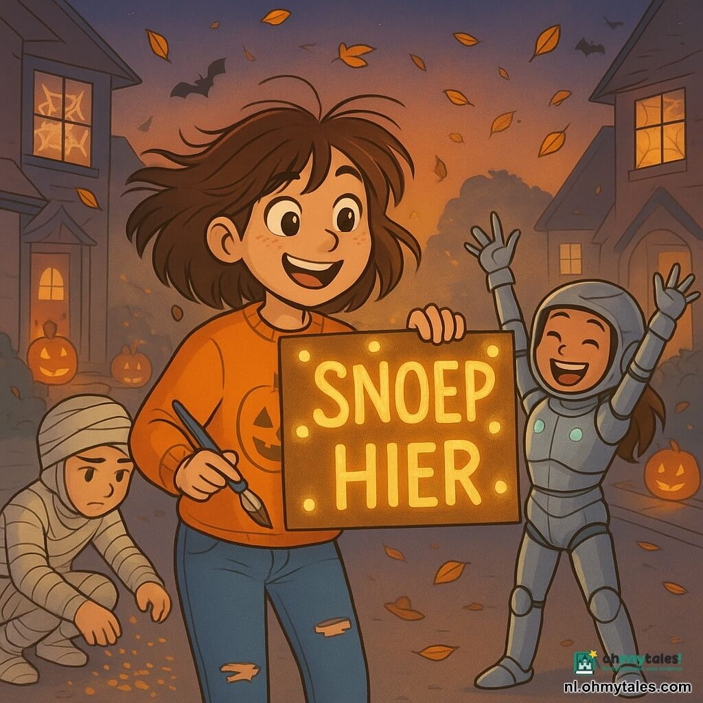 Een 12-jarig meisje, Nora, staat in het midden van de afbeelding, met rommelig bruin haar en sprankelende ogen van opwinding. Ze draagt een oranje trui met een pompoenmuster en een gescheurde spijkerbroek, met een kwast in de ene hand en een beschilderd karton met felle letters in de andere. Haar gezicht straalt trots en vreugde uit, terwijl een lichte bries haar haar laat wapperen. Naast haar staat Imane, haar 12-jarige beste vriendin, verkleed als robot met een zilveren pantser en knipperende lichten. Ze glimlacht met haar armen omhoog, alsof ze klaar is om Halloween te vieren. Links zit Tijs, een 11-jarig jongetje in een mummiekostuum, die geconcentreerd glitters op de grond strooit. De achtergrond is een levendige Halloween-straat, versierd met spinnenwebben en verlichte pompoenen. Dode bladeren dwarrelen door de lucht en een zachte gloed straalt van de lampionnen die aan de deuren hangen. De hoofdscène toont Nora die een groot verlicht bord schildert met de tekst "Snoep hier", omringd door haar vrienden die helpen en elk hun persoonlijke touch aan de feestdecoratie toevoegen. De sfeer is vrolijk en magisch, gevuld met gelach en de opwinding van de Halloween-nacht.