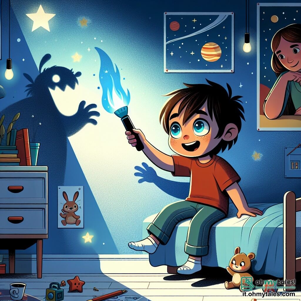 Un ragazzo di 7 anni, Luca, con i capelli castani in disordine e occhi brillanti di curiosità, si trova al centro della sua camera. Ha un sorriso coraggioso sul volto e tiene in mano una torcia blu illuminata che proietta ombre divertenti sulle pareti. Sua madre, una donna dolce di circa 30 anni con lunghi capelli castani, è seduta sul bordo del letto. Guarda Luca con un sorriso rassicurante, pronta a incoraggiarlo nella sua avventura notturna. La camera di Luca è decorata con poster di pianeti e stelle brillanti, mentre una piccola lampada a forma di stella diffonde una luce soffusa in un angolo. Le pareti sono dipinte di azzurro chiaro e ci sono giocattoli sparsi sul pavimento, creando un'atmosfera calda e accogliente. Con la sua torcia, Luca esplora il mistero del buio giocando con le ombre proiettate, scoprendo che sono solo forme familiari e trasformando la sua paura in divertimento.