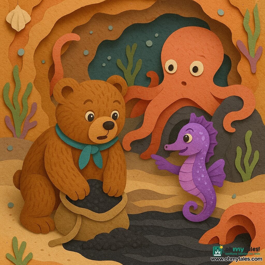 A large realistic brown teddy bear with textured soft fur, a round face and bright eyes, looking brave and amazed, wearing a small sea-blue scarf and holding a canvas bag of dark sand while sifting underwater sand with its paws; a small purple seahorse with shimmering scales and a playful friendly expression circles to the bear’s right, pointing the way to coral caverns; a large coral-colored gentle octopus with round eyes and rounded tentacles steadies the group by wrapping an arm around a background rock; colorful coral cavern setting with sculpted coral walls, shell stalactites, streaked dark sand beds, floating green and purple seaweed, and rising glowing bubbles; scene shows the discovery of black sand in the cavern with dim water-filtered light, strong pale-to-dark sand contrasts, gentle currents, and a warm, secure atmosphere.