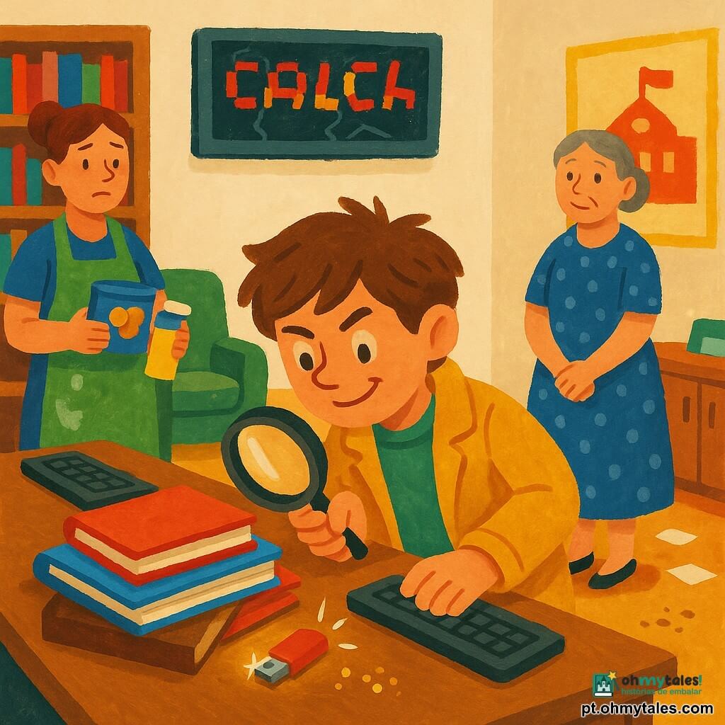 Um menino detetive, Tiago, no centro sorrindo e concentrado com jaqueta amarelo-mostarda e lupa sobre um teclado, descobre um pequeno pen drive vermelho sob uma pilha de pastas, brilho no metal; à direita a diretora Dona Cecília, cabelos grisalhos em coque, vestido azul às bolinhas, aliviada junto a um cartaz escolar; à esquerda a faxineira Ana, avental verde manchado, segurando uma caixa de biscoitos e uma lata de limpeza, um pouco envergonhada; cenário: sala dos professores colorida com paredes creme, mesa de madeira, armários com livros, quadro de avisos digital quebrado mostrando textos confusos em vermelho e amarelo, papéis espalhados e migalhas no chão encerado; atmosfera de mistério resolvido, cores quentes e texturas em gouache com pinceladas espessas e sombreamento suave.