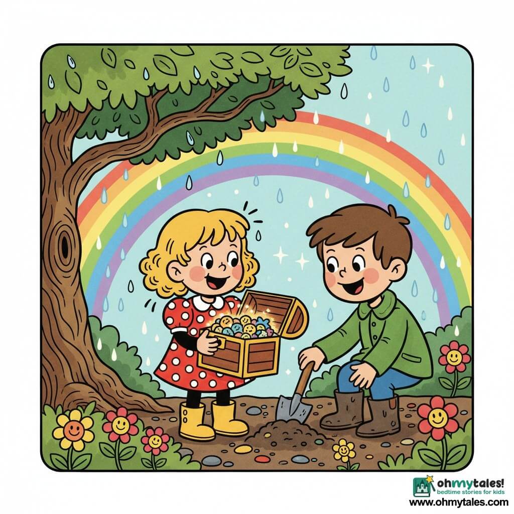 A joyful, wide-eyed 2-year-old girl with curly blond hair and rosy round cheeks in a red polka-dot dress and yellow boots holds an open shiny box; to her right, Ben, about 5, smiling and protective with short brown hair, a green jacket and muddy boots, crouches tapping soil with a small shovel; behind them a large gnarled-trunk tree with glossy rain-wet green leaves fills the left side, a vivid rainbow crosses a pale blue sky with occasional sparkling raindrops, dark textured brown ground is dotted with colorful flowers and stones, and the open box reveals colorful candies and gleaming gold coins; warm, bright, comforting atmosphere with saturated colors, thick black outlines, composition centered on the children and the treasure.