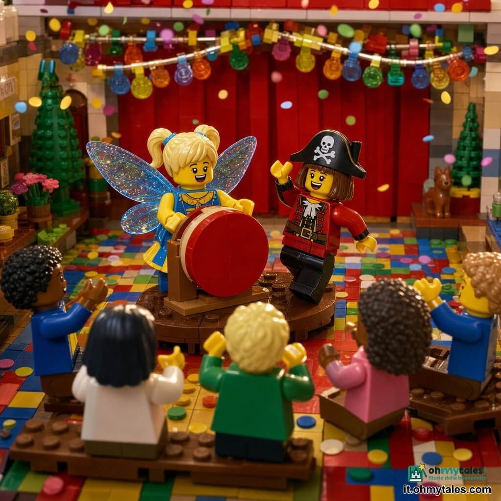 Due bambine di circa 7 anni: una bionda con due codini in costume da farfalla blu e giallo con ali traslucide che sorride al pubblico mentre tiene un grande tamburo rosso davanti a sé al centro-sinistra del piccolo palco, l'altra castana con taglio a caschetto in costume da pirata rosso e nero con un ampio cappello nero che danza a destra del palco agitando la mano e ridendo verso l'amica. La scena è una piccola sala per feste costruita in mattoncini LEGO con pavimento a scacchi colorato, ghirlande trasparenti multicolori, un piccolo palco in mattoncini al centro, panchine con minifigure che applaudono, un grande tendone rosso sullo sfondo e coriandoli a pezzi rotondi sparsi; le bambine fanno un numero di carnevale: la tamburellista suona dolcemente mentre la pirata invita il pubblico, luce calda e movimento suggerito dai pezzi inclinati e dai coriandoli sospesi.