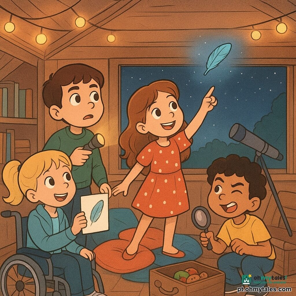 Quatro crianças numa cabana na árvore à noite: Lucas (menino, 9 anos, cabelo castanho curto, suéter verde) segura uma pequena lanterna à esquerda e olha preocupado para o teto; Mariana (menina, 9 anos, cabelo castanho ondulado, vestido vermelho com bolinhas) está em cima de almofadas no centro apontando pela janela para o céu; Tiago (menino, 8 anos, cabelo cacheado preto, camiseta amarela) agacha-se à direita com uma lupa fazendo careta junto a um baú de brinquedos; Sofia (menina, 9 anos, cabelo loiro em rabo-de-cavalo, jaqueta azul) sentada numa cadeira de rodas decorada à frente à esquerda mostrando um desenho de uma pena. A cabana é acolhedora com piso de madeira, janelas abertas para um céu estrelado, guirlandas luminosas, almofadas coloridas, estante com livros ilustrados e um telescópio junto à janela. Cena centrada numa carta do tesouro iluminada por uma lâmpada, as crianças olham para o céu onde uma pequena pena azul flutua acima do telhado; ambiente suave e divertido, cores pastel e expressões cúmplices.