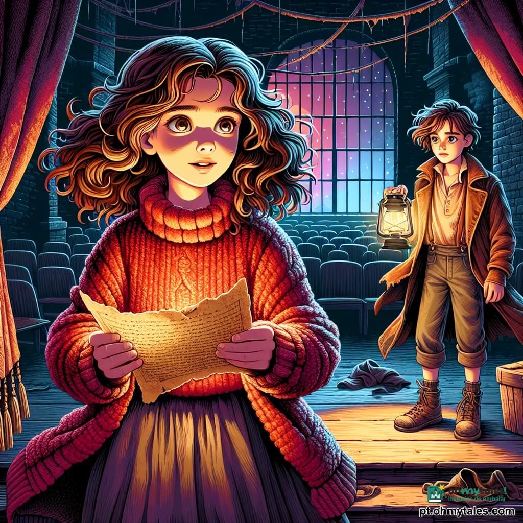 Uma menina de 12 anos, Inès, está no centro do palco, com cabelos castanhos cacheados que caem sobre os ombros. Seus olhos brilham de excitação e apreensão, e ela usa um suéter vermelho de lã, levemente amassado, e um jeans desbotado. Ela segura uma página amarelada nas mãos, com o rosto iluminado pela luz de uma lanterna que projeta sombras dançantes ao seu redor. Ao lado dela, um menino de 12 anos, Tomé, tem cabelos desgrenhados e veste uma jaqueta de couro desgastada. Ele observa Inès com uma mistura de curiosidade e preocupação, mantendo-se um pouco afastado, como se hesitasse em avançar na escuridão. O cenário é um velho teatro abandonado, com paredes de tijolos rachados cobertas de teias de aranha. As cortinas de veludo, desgastadas e empoeiradas, pendem pesadamente de um lado, revelando um grande palco escuro. Cadeiras de madeira estão espalhadas, algumas viradas, e a luz da lua filtra através das janelas quebradas, criando uma atmosfera misteriosa e levemente assustadora. A cena principal mostra Inès, determinada, pronta para enfrentar o desconhecido, enquanto se prepara para ler a página que encontrou, esperando trazer de volta à vida a história esquecida do teatro. As sombras parecem ganhar vida ao redor deles, adicionando um toque de suspense à ilustração.