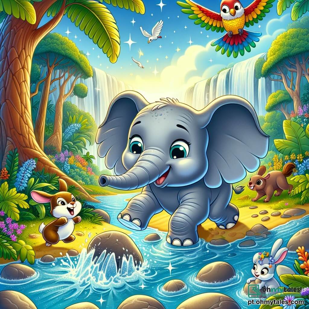 Um majestoso elefante chamado Elio, com pele cinza e grandes orelhas de contornos suaves, está à beira de um rio cintilante, exibindo uma expressão de determinação e alegria. Ele usa sua tromba para empurrar pedras, ajudando a liberar o leito do rio bloqueado. Ao seu lado, uma pequena lebre, Lara, com olhos brilhantes e pelagem marrom, pula com entusiasmo, incentivando Elio em sua tarefa. Um pouco mais adiante, um papagaio colorido chamado Tim, com penas vibrantes de verde e vermelho, voa acima deles, gritando palavras de encorajamento. Ao fundo, a floresta mágica se ergue, com árvores gigantescas de folhas brilhantes e flores coloridas que dançam ao vento, criando uma atmosfera encantada. A cena captura o espírito de cooperação e aventura, enquanto Elio e seus amigos trabalham juntos para restaurar a beleza de seu mundo.