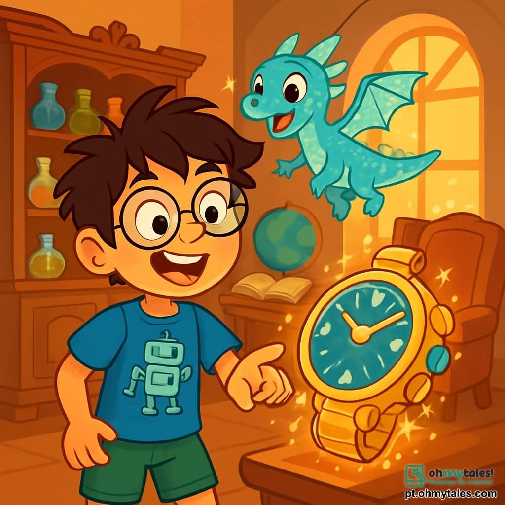 Um garoto de 10 anos, Téo, com cabelos castanhos bagunçados e óculos redondos, está no centro da imagem, com os olhos arregalados de espanto e um grande sorriso no rosto. Ele usa uma camiseta azul com um padrão de robô e um short verde. Ao seu lado, um pequeno dragão holográfico chamado Zizu, com escamas cintilantes e asas translúcidas, voa alegremente ao redor de sua cabeça, emitindo faíscas luminosas. Ao fundo, a sala da tia Berta está cheia de curiosidades mágicas: um grande móvel de madeira esculpida, frascos de poções coloridas nas prateleiras e uma velha poltrona de veludo vermelho. A luz suave filtra através de uma janela, iluminando objetos estranhos como um globo terrestre flutuante e um livro que vira as páginas sozinho. A cena principal mostra Téo e Zizu diante de um misterioso Relógio do Tempo, um grande e antigo relógio de pulso, com botões coloridos e engrenagens brilhantes, que brilha com uma luz mágica. Téo estende a mão em direção ao relógio, pronto para desencadear uma incrível aventura em um mundo futurista.