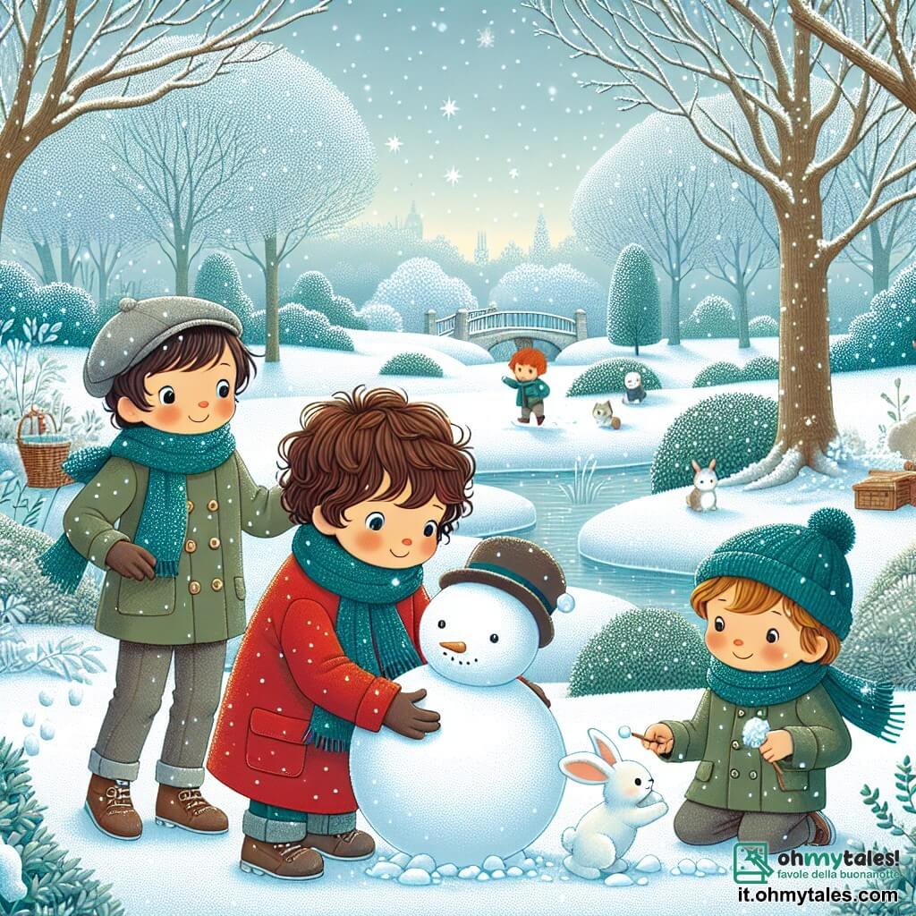 Tre ragazzi, Marco (10 anni, capelli castani e ricci, con un cappotto rosso vivo), Luca (9 anni, capelli biondi e lisci, con una sciarpa blu) e Simone (11 anni, capelli castani e ricci, con una giacca verde), sono in un parco innevato. Marco sta rotolando una grande palla di neve per costruire un pupazzo di neve, mentre Luca, a destra, sorride tenendo un piccolo cappello per il pupazzo. Simone, un po' in disparte a sinistra, osserva un coniglio bianco che emerge da un cespuglio, con gli occhi pieni di meraviglia. Il parco è un paesaggio invernale magico, con alberi spogli coperti di neve scintillante, fiocchi di neve che cadono dolcemente da un cielo grigio chiaro e un ruscello parzialmente ghiacciato che serpeggia nel decor. La scena principale mostra i tre amici mentre costruiscono il loro pupazzo di neve, Nevischio, scoprendo la bellezza della natura in inverno e meravigliandosi degli animali che vi si nascondono.