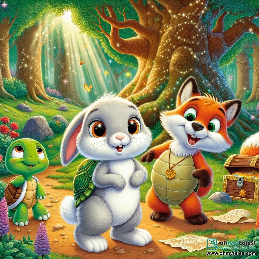A little rabbit named Benny, with soft fluffy white fur and bright curious eyes, stands at the center of the scene, displaying an expression of excitement and determination. Next to him is a wise turtle named Tilly, with a green shell and round glasses, gently smiling while holding a treasure map, while a mischievous fox named Freddie, with bright orange fur and a bushy tail, leans forward with a big grin, ready to help them. They are in the enchanted forest of the Whispering Woods, where majestic trees with shimmering leaves dance gently in the wind, and rays of sunlight filter through the branches, creating magical shadows on the ground. In the background, a large oak tree shelters a sparkling chest, surrounded by colorful flowers and fluttering butterflies. Benny, Tilly, and Freddie are discovering the treasure chest, their eyes wide with surprise and joy as they prepare to open it, filled with gemstones that shine like stars.
