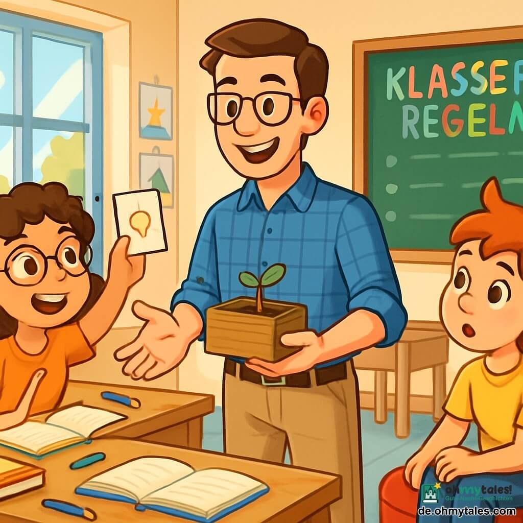 Ein Lehrer, ein Mann in den Dreißigern, steht im Zentrum eines hellen Klassenzimmers, mit einem warmen Lächeln und leidenschaftlich leuchtenden Augen. Er trägt ein blaues kariertes Hemd und beige Hosen und hält eine kleine Holzkiste mit einem Samen, der das Lernen symbolisiert. Neben ihm hebt ein 9-jähriges Mädchen mit lockigem Haar und Brille begeistert die Hand und hält ein kleines Blatt Papier, auf dem sie eine Idee für die Geschichte geschrieben hat. Ein 8-jähriger Junge, der auf einem roten Kissen sitzt, schaut aufmerksam mit weit aufgerissenen Augen und ist bereit, seinen eigenen Vorschlag zu teilen. Das Klassenzimmer ist mit bunten Zeichnungen an den Wänden dekoriert, und durch die Fenster fällt Sonnenlicht auf die Holztische, auf denen Buntstifte und Bücher verstreut liegen. Am Ende steht eine große schwarze Tafel mit den Klassenregeln in bunten Buchstaben. Die Hauptsituation zeigt den Lehrer, der den Kindern erklärt, wie sie gemeinsam eine Geschichte schreiben, mit lebhaften Gesten und einer fröhlichen Atmosphäre. Die Kinder hören aufmerksam zu, ihre Gesichter strahlen vor Aufregung und Neugier, während die Holzkiste die Idee symbolisiert, ihre Kreativität zu fördern.