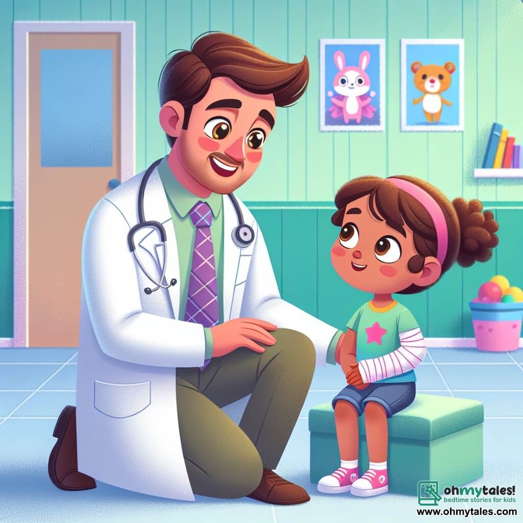 The main character is a man, Dr. Benjamin Bright, a doctor in his thirties with brown hair and sparkling joyful eyes. He wears a spotless white coat and a stethoscope around his neck, displaying a warm and reassuring smile as he crouches next to a young patient. Next to him is Lily, a six-year-old girl with curly hair and bright brown eyes full of enthusiasm. She wears a colorful t-shirt and has one arm in a pink cast, listening attentively to Dr. Bright with an admiring look. In the background, the scene takes place in a bright and welcoming hospital examination room, with soft green walls, posters of smiling animals, and colorful toys scattered on shelves. The main situation shows Dr. Bright explaining to Lily how he will help her heal, using fun superhero metaphors to ease her fears, creating an atmosphere of trust and comfort.