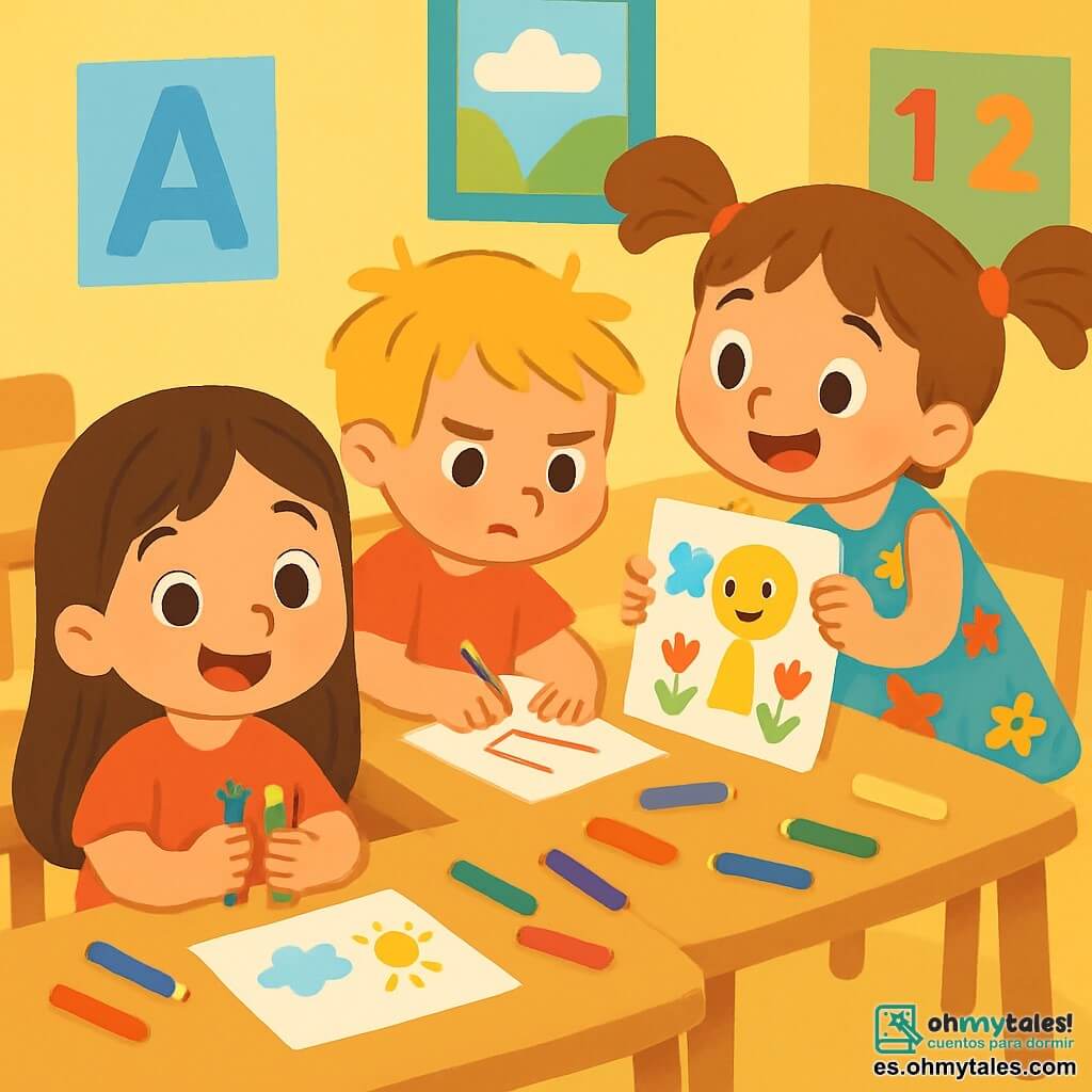 Una niña de 4 años, con largos cabellos castaños y ojos brillantes de curiosidad, está sentada en una mesa de clase, sonriendo alegremente. Sostiene crayones de colores en sus manos, lista para dibujar. A su lado, un niño de 4 años, con cabello rubio desordenado y una camiseta roja, observa atentamente su dibujo, con el ceño fruncido por la concentración. Otra niña de 4 años con dos coletas y un vestido de flores se inclina para mostrarle su dibujo colorido, sonriendo ampliamente. La escena tiene lugar en un aula luminosa, con paredes pintadas de amarillo y carteles coloridos que representan letras y números. Las mesas de madera están dispuestas en círculo y hay crayones de todos los colores esparcidos sobre las mesas. La situación principal muestra a Sofía y sus amigos preparando sus dibujos para el concurso, llenos de emoción e imaginación, cada uno mostrando con orgullo sus creaciones.
