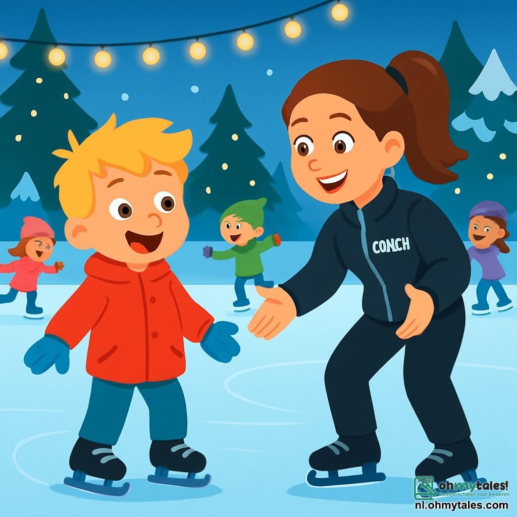 Een 4-jarig jongetje, Finn, met toushaar en een grote verwonderde glimlach staat op het ijs, zijn kleine benen een beetje uit elkaar, klaar om te glijden. Hij draagt een felrode jas en blauwe handschoenen, en zijn ogen stralen van opwinding. Naast hem staat coach Emma, een glimlachende vrouw van ongeveer 30 jaar met bruin haar in een paardenstaart, gekleed in een zwarte jas en sportbroek. Ze moedigt hem enthousiast aan, met open armen, klaar om hem te helpen vertrouwen te krijgen. De locatie is een buitenijsbaan, omringd door besneeuwde dennen, met fonkelende lichten die de scène verlichten en een magische sfeer creëren. Kinderen lachen en glijden om hen heen, wat bijdraagt aan de vrolijke sfeer. Finn, een beetje aarzelend maar vastberaden, is klaar om zijn eerste stappen op het ijs te zetten, terwijl coach Emma hem vriendelijk aanmoedigt.