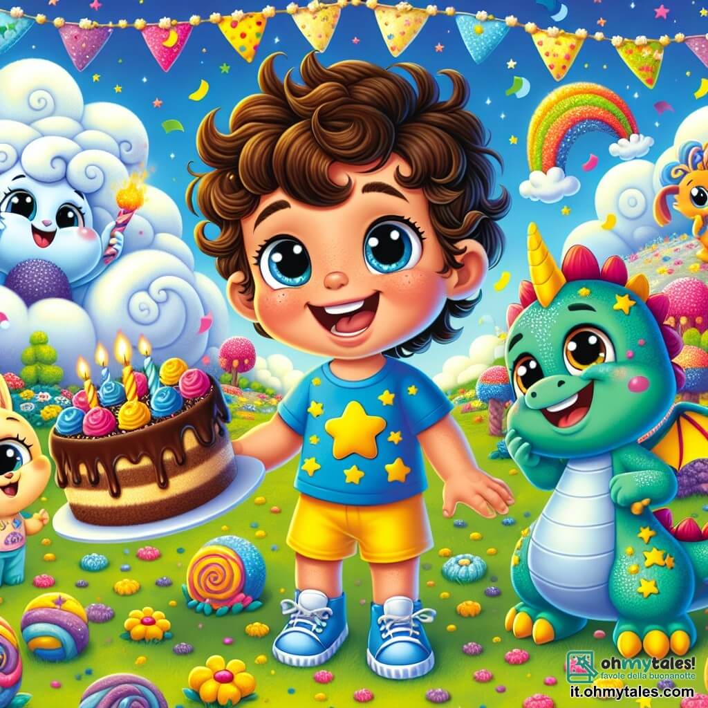 Un ragazzino di 3 anni, di nome Luca, con capelli castani ricci e occhi brillanti di gioia, si trova al centro dell'immagine, sorridendo ampiamente con guance rosa. Indossa una maglietta blu con stelle e pantaloni corti gialli, tenendo un grande pezzo di torta al cioccolato nelle sue piccole mani. Accanto a lui, una nuvola sorridente, di nome Nuvolina, fluttua nell'aria, con un volto amichevole e occhi brillanti, circondata da piccole stelle scintillanti. Un piccolo drago verde, di nome Puffo, con squame brillanti e grandi ali colorate, si trova a sinistra di Luca, danzando allegramente, con occhi pieni di eccitazione. Il luogo è un giardino magico, pieno di alberi di caramelle dai colori vivaci, fiori multicolori e un cielo blu punteggiato di nuvole soffici. In lontananza, creature fantastiche come conigli danzanti e farfalle colorate aggiungono all'atmosfera festosa. La scena principale mostra Luca, circondato dai suoi amici magici, mentre celebra il suo compleanno con una grande festa, ridendo e condividendo dolcetti, mentre coriandoli colorati cadono dal cielo, creando un'atmosfera gioiosa e incantata.