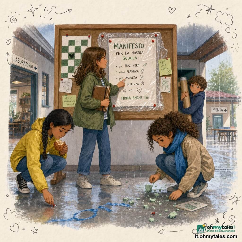 Ci sono quattro bambini: Nora (11 anni), capelli castani medio-lunghi, quaderno marrone sotto il braccio, al centro vicino alla bacheca mentre apre il taccuino e indica il manifesto arrotolato; Dalia (11 anni), capelli neri in treccia stretta, giacca gialla, tiene una brioche mezza mangiata, a sinistra di Nora mentre raccoglie una puntina piegata; Leila (11 anni), capelli ricci castani, sorriso dolce, sciarpetta blu, a destra di Nora accovacciata che esamina briciole verdi di gesso; Teo (9 anni), capelli arruffati, tubo di cartone contro il petto, sguardo timido ma sollevato, leggermente indietro vicino a un armadietto socchiuso dove si vede il tubo e il manifesto arrotolato. Luogo: cortile coperto della scuola sotto la pioggia, pavimento di cemento bagnato che riflette la luce, bacheca di legno con puntine rosse e una protezione plastica trasparente davanti al manifesto con disegno di una scacchiera, corridoio a sinistra verso il laboratorio e piccolo preau coperto a destra verso la mensa, doodle di impronte, gocce e frecce intorno. Situazione: i bambini rimettono il manifesto arrotolato nella bacheca sotto la plastica, atmosfera collaborativa con gesti calmi e volti determinati, tracce di gesso verde e nastri blu sul pavimento, composizione centrata, colori pastello saturi, texture di carta, legno e gesso, luce morbida di una giornata piovosa.