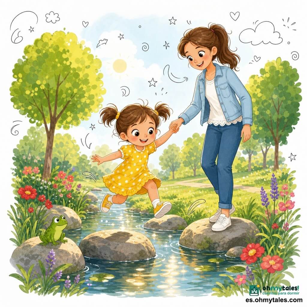 Niña de 4 años, alegre y concentrada, cabello castaño en coletas, ojos grandes, vestido amarillo de lunares blancos, saltando de piedra en piedra sobre un estanque; mujer adulta (unos 30 años, madre), sonriente y tranquilizadora, coleta castaña, chaqueta azul claro, sujetando con la mano izquierda a la niña desde una piedra próxima; pequeña rana verde en una piedra cercana mirando a la niña; parque primaveral soleado con césped verde, flores rojas, rosas y violetas, árboles de hojas redondeadas, reflejos dorados y pequeñas ondas en el agua; escena principal: cruce lúdico del estanque con salpicaduras leves, complicidad madre-hija, ambiente suave y luminoso, colores vivos, estilo ilustrativo infantil con líneas limpias, sombras ligeras y pequeños garabatos (corazones, estrellas, huellas) alrededor.